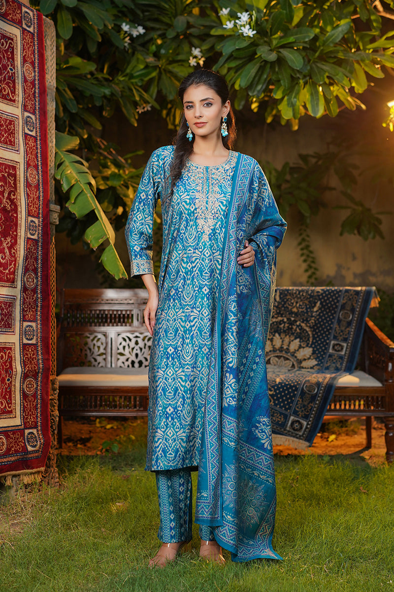Blue Silk Blend Ikat Printed Straight Kurta Trousers With Dupatta | SHOBITAM