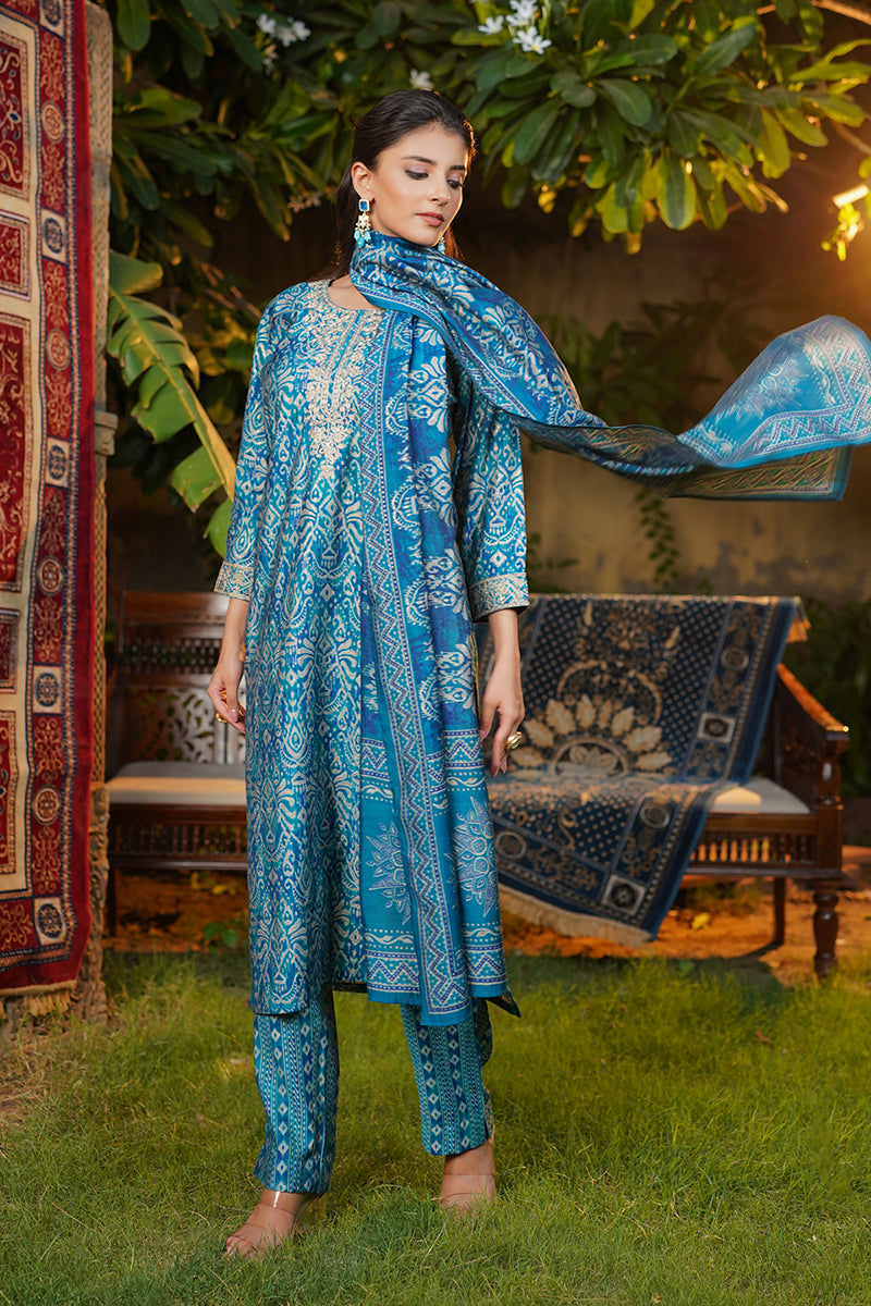Blue Silk Blend Ikat Printed Straight Kurta Trousers With Dupatta | SHOBITAM