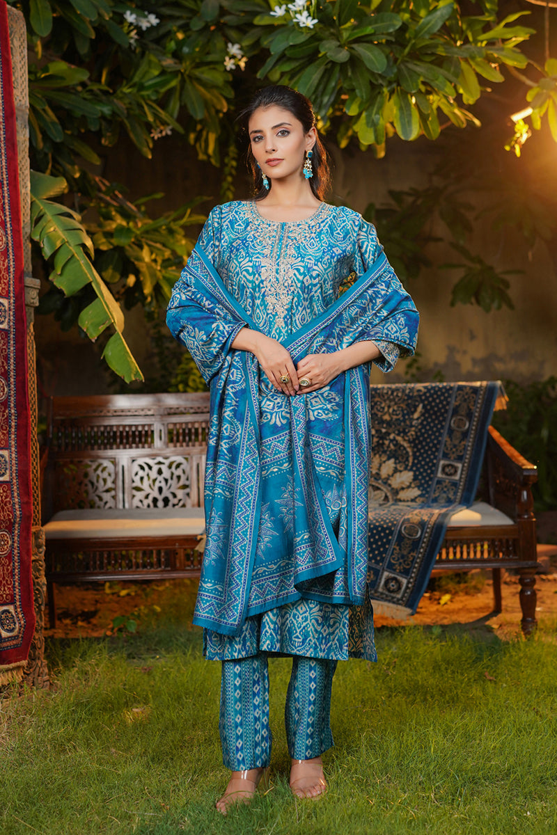 Blue Silk Blend Ikat Printed Straight Kurta Trousers With Dupatta | SHOBITAM