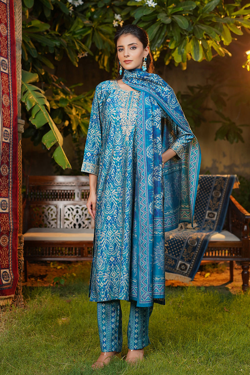 Blue Silk Blend Ikat Printed Straight Kurta Trousers With Dupatta | SHOBITAM
