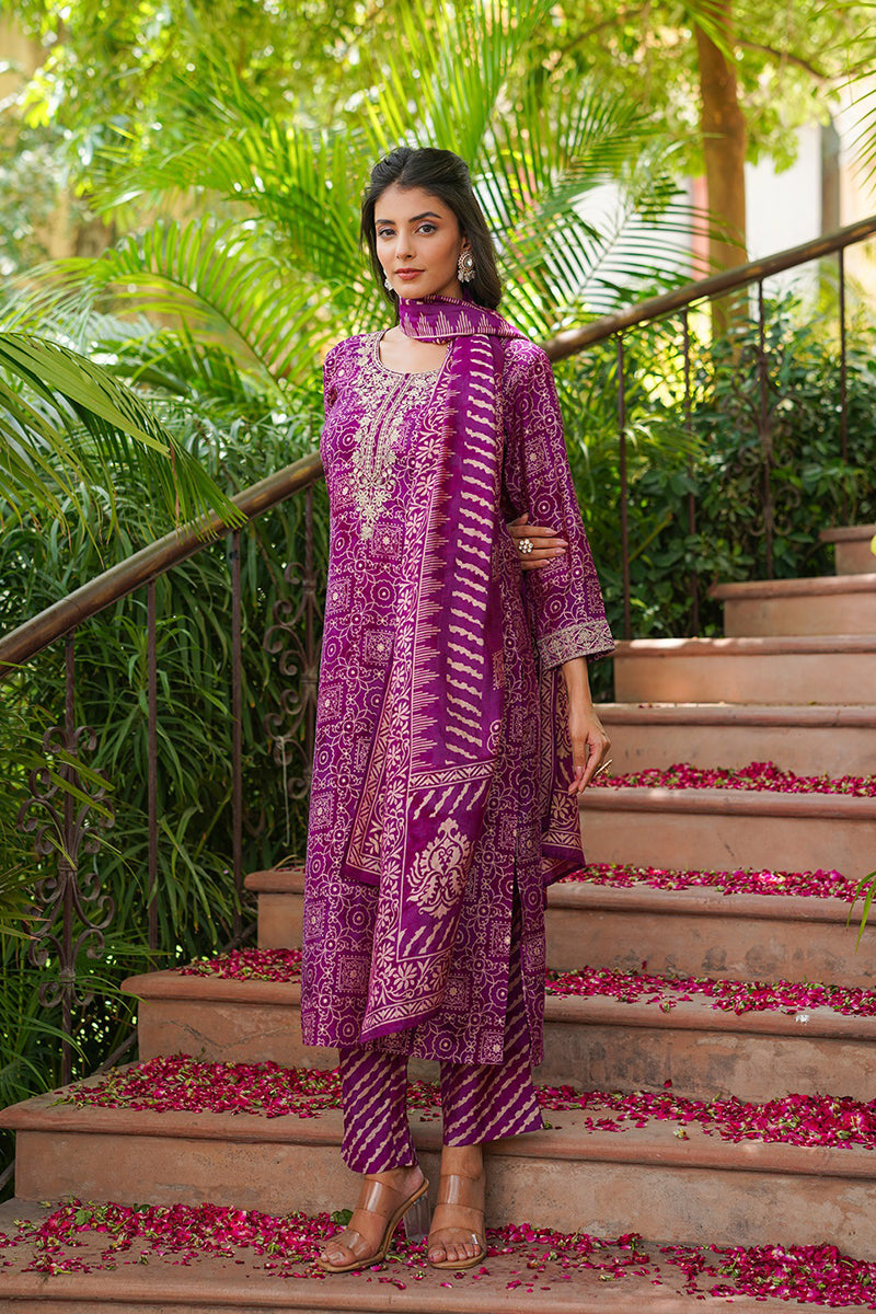 Purple Silk Blend Floral Embroidered Straight Kurta Trousers With Dupatta | SHOBITAM