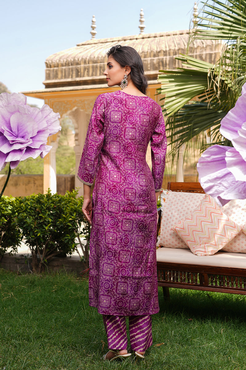 Purple Silk Blend Floral Embroidered Straight Kurta Trousers With Dupatta | SHOBITAM