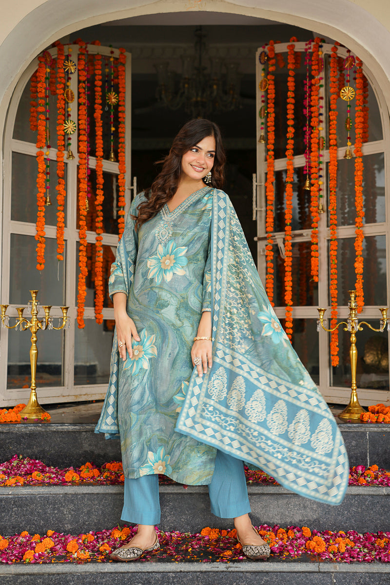 Blue Viscose Rayon Floral Printed Straight Kurta Trousers With Dupatta | SHOBITAM