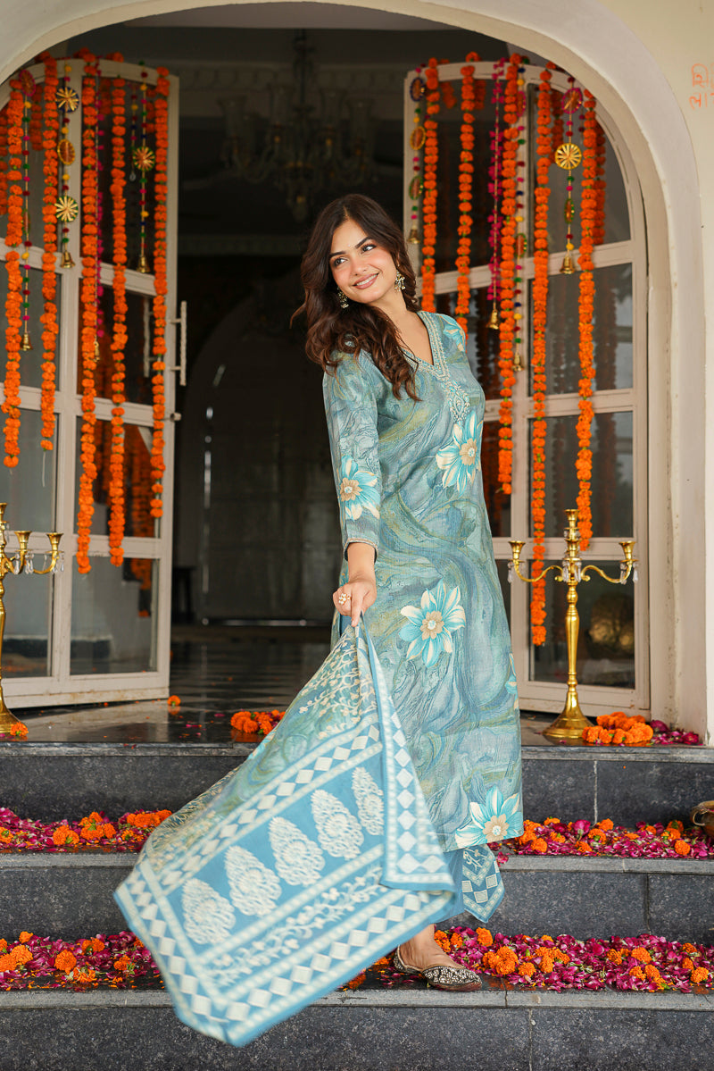 Blue Viscose Rayon Floral Printed Straight Kurta Trousers With Dupatta | SHOBITAM