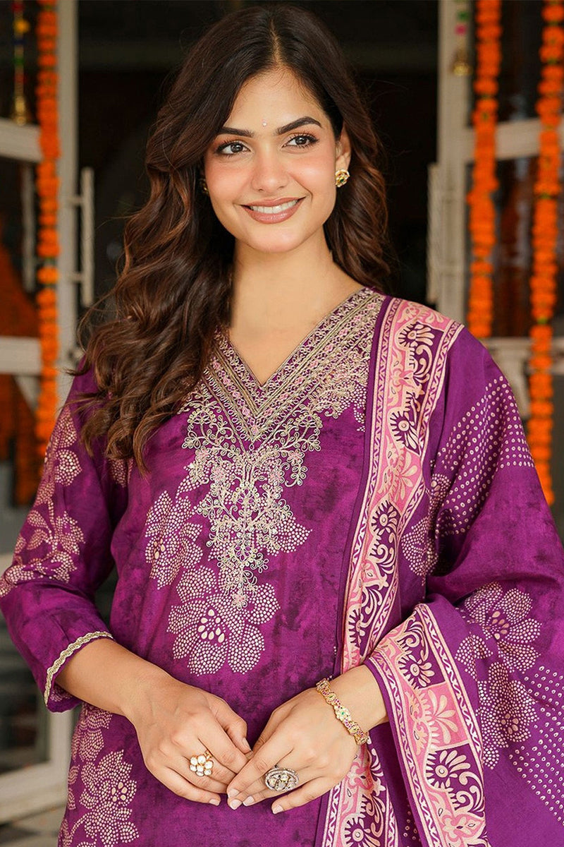 Purple Poly Chanderi Floral Embroidered Straight Kurta Trousers With Dupatta | SHOBITAM