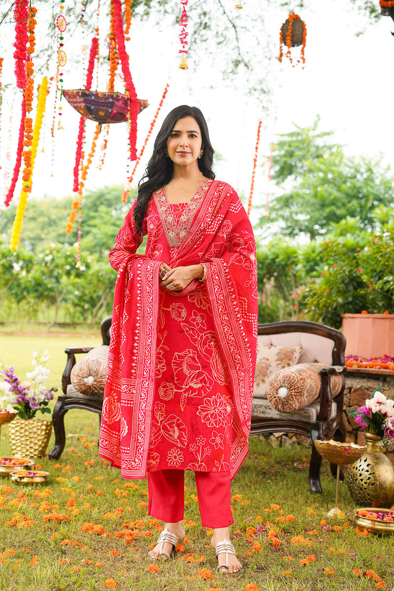 Red Poly Chanderi Floral Printed Straight Kurta Trousers With Dupatta | SHOBITAM