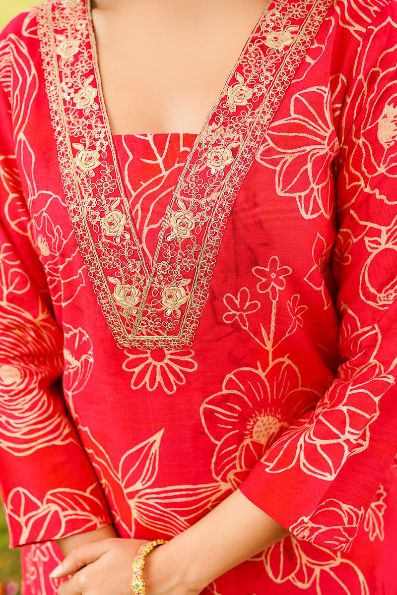 Red Poly Chanderi Floral Printed Straight Kurta Trousers With Dupatta | SHOBITAM