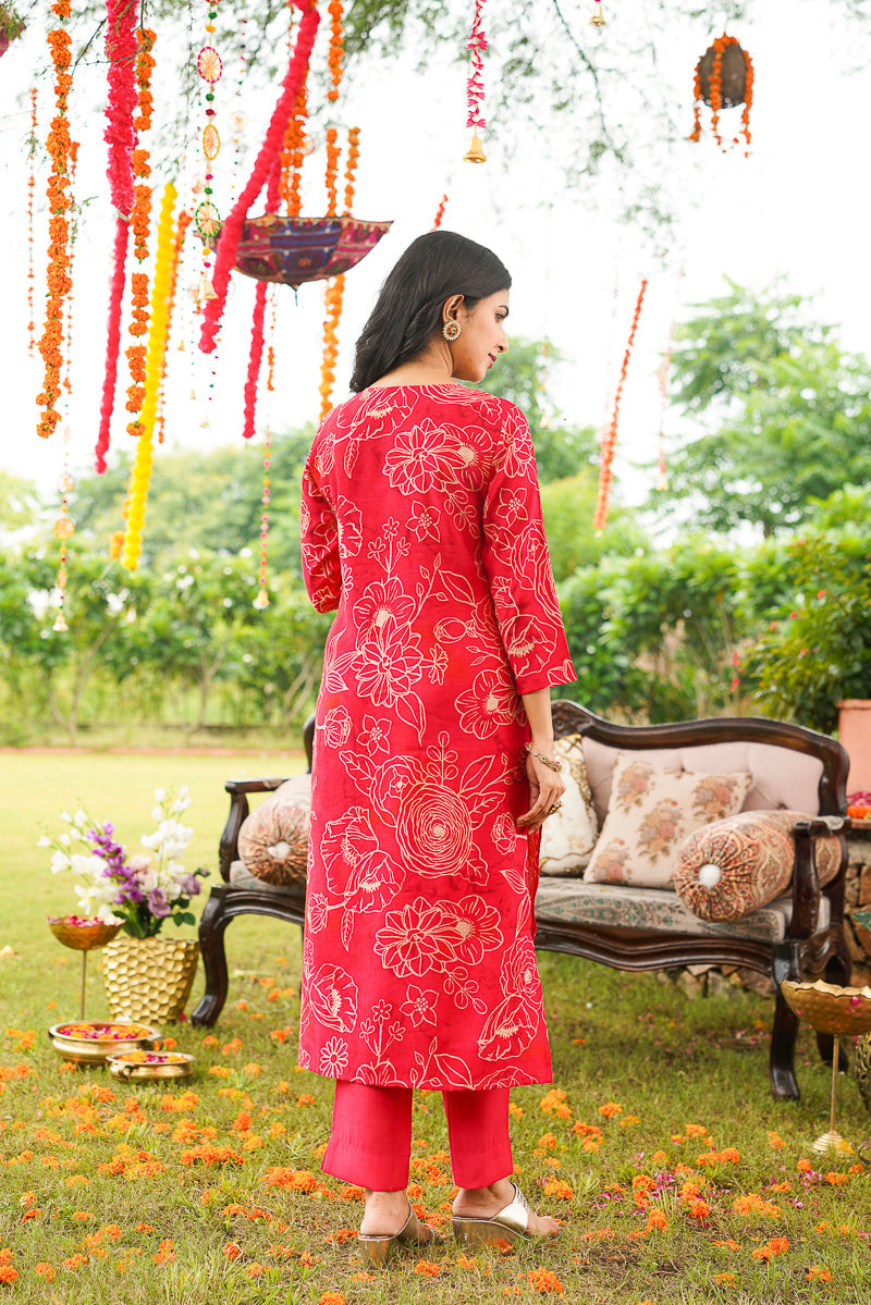 Red Poly Chanderi Floral Printed Straight Kurta Trousers With Dupatta | SHOBITAM