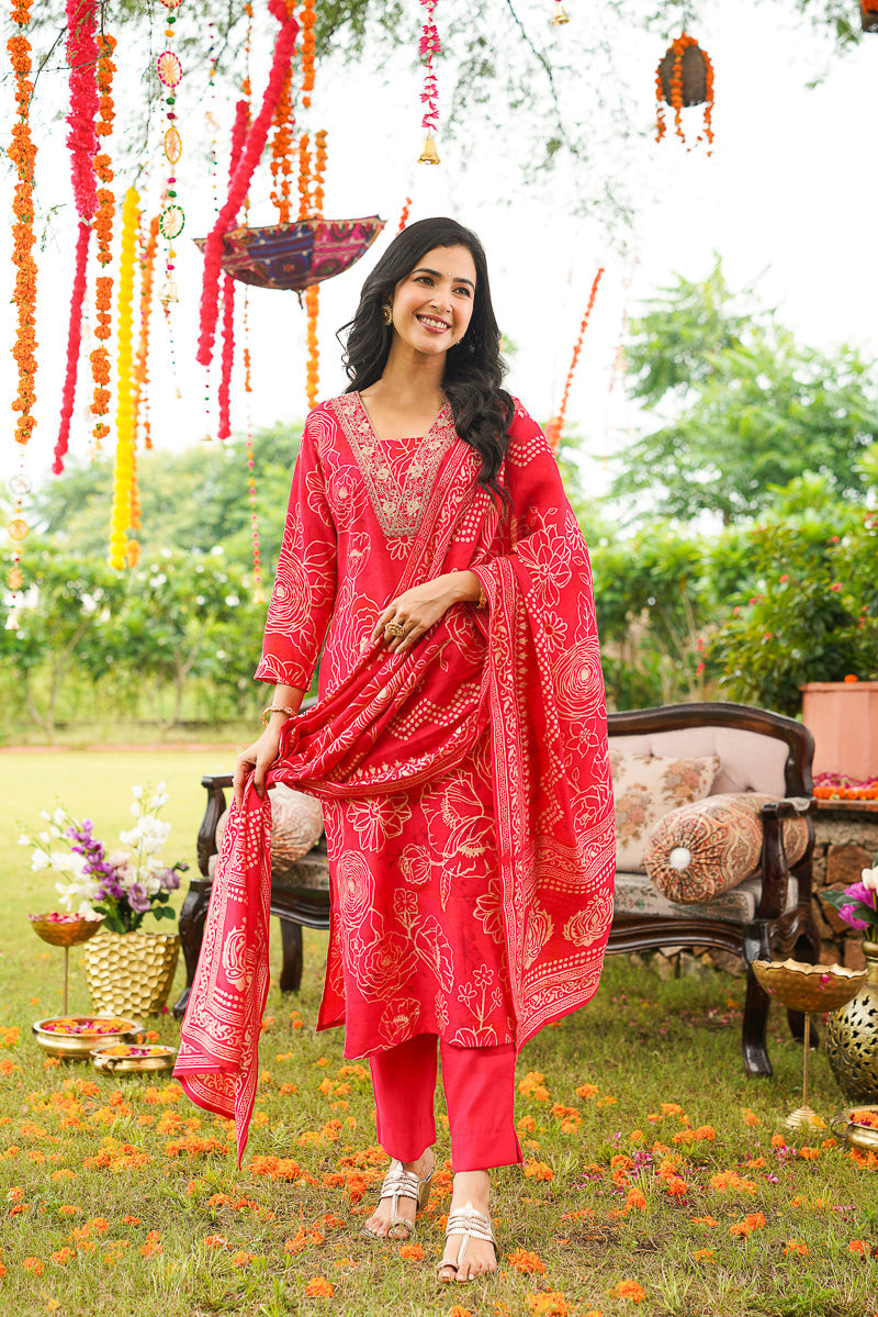 Red Poly Chanderi Floral Printed Straight Kurta Trousers With Dupatta | SHOBITAM