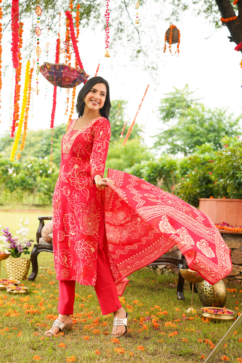 Red Poly Chanderi Floral Printed Straight Kurta Trousers With Dupatta | SHOBITAM
