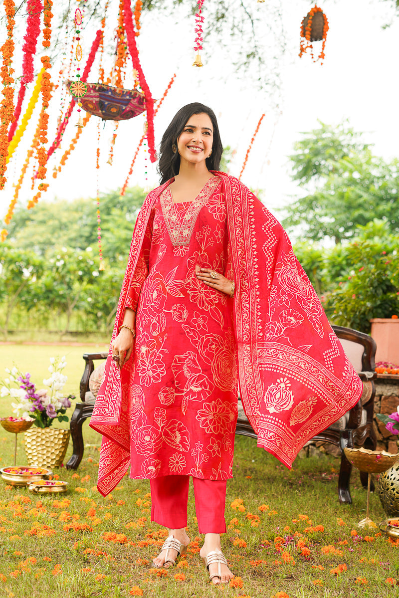 Red Poly Chanderi Floral Printed Straight Kurta Trousers With Dupatta | SHOBITAM