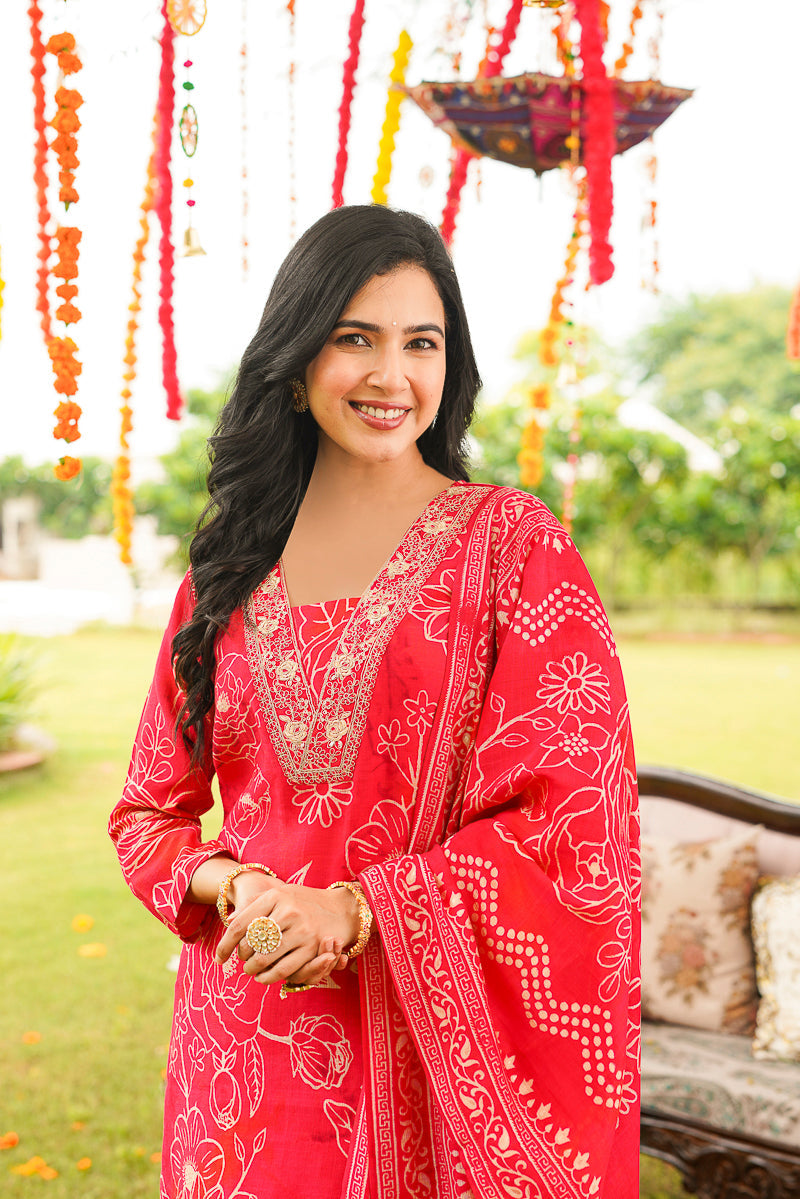 Red Poly Chanderi Floral Printed Straight Kurta Trousers With Dupatta | SHOBITAM