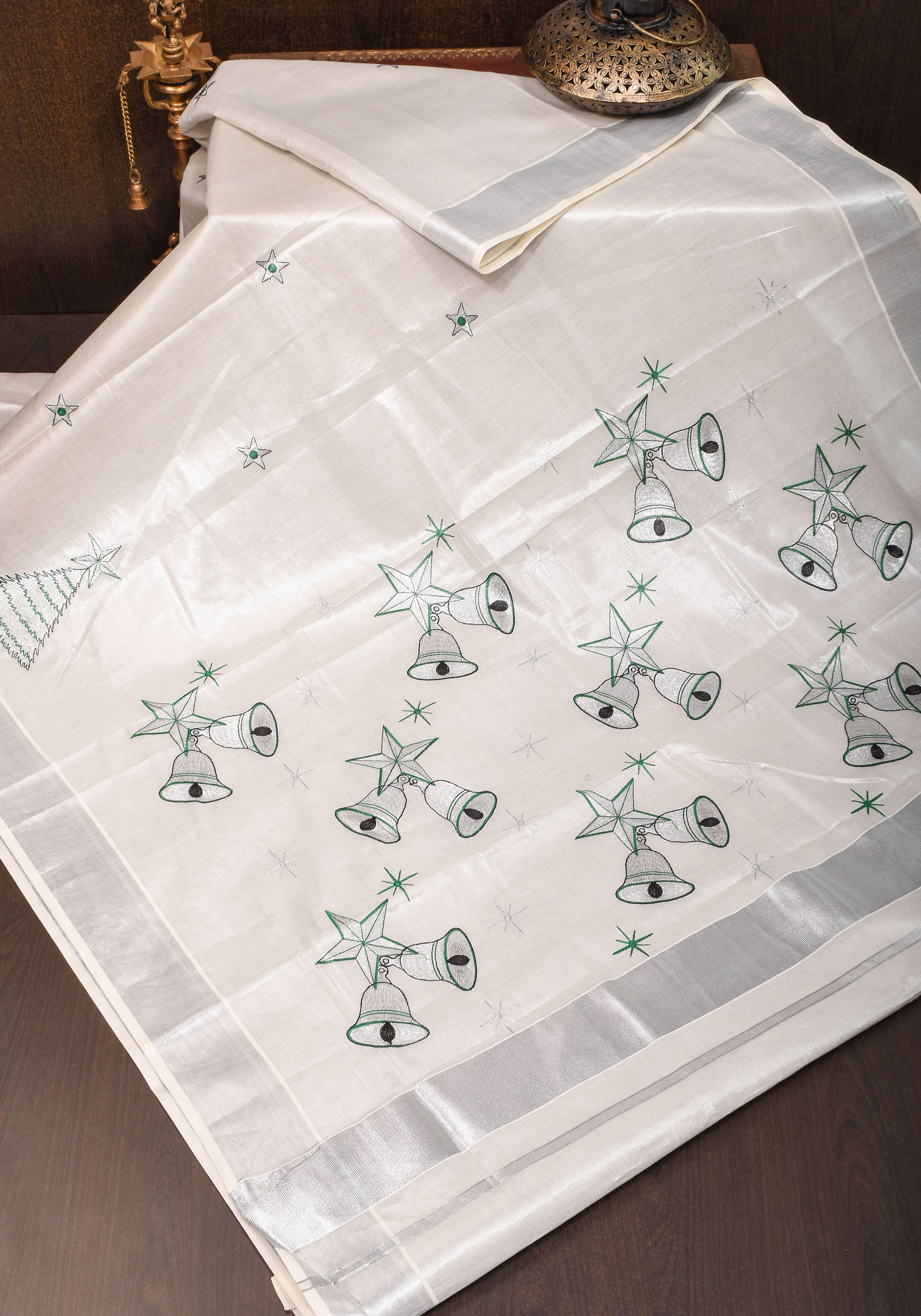 Kerala Tissue Cotton Saree with bells and stars motifs and Zari Border | Shobitam