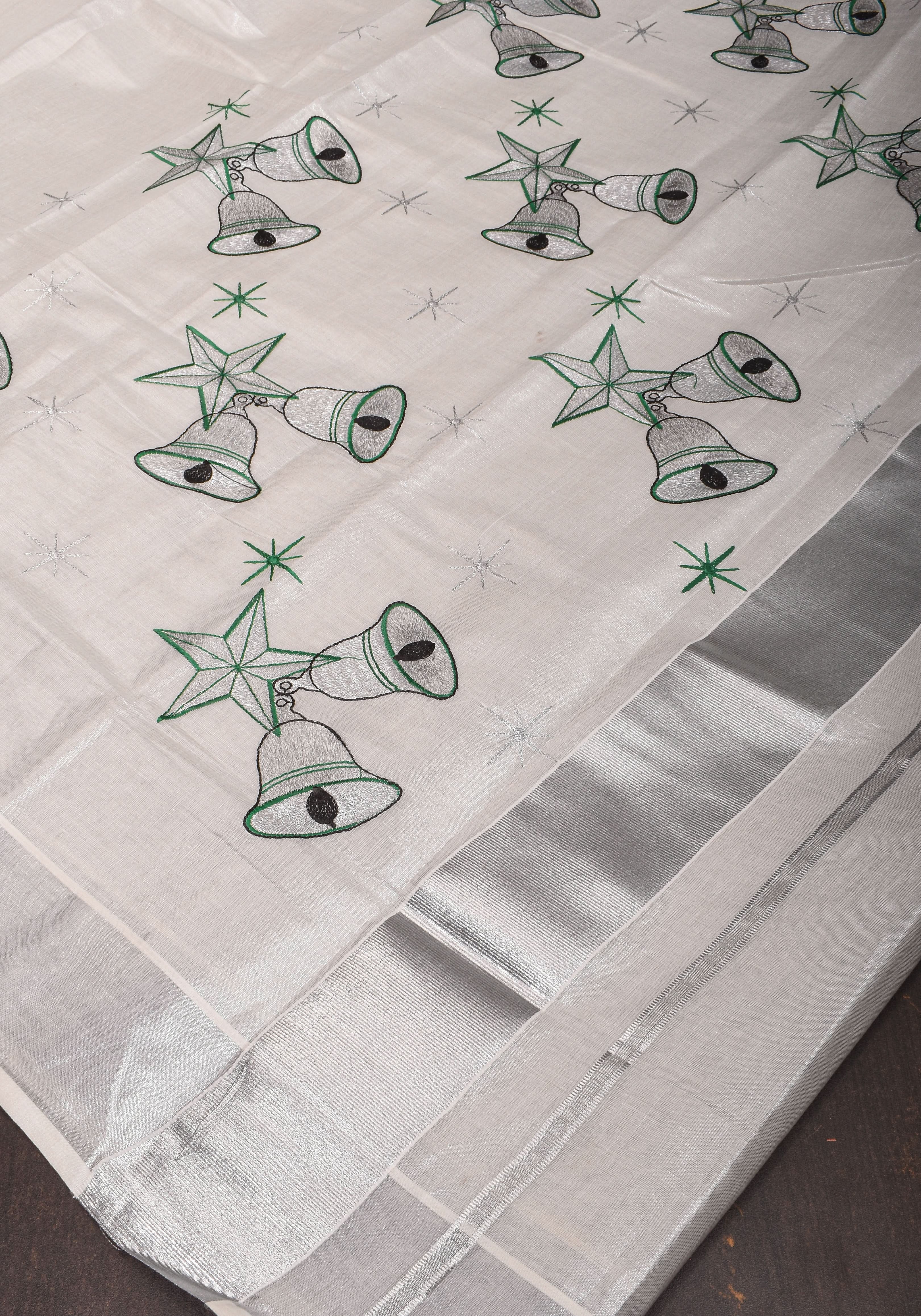 Kerala Tissue Cotton Saree with bells and stars motifs and Zari Border | Shobitam