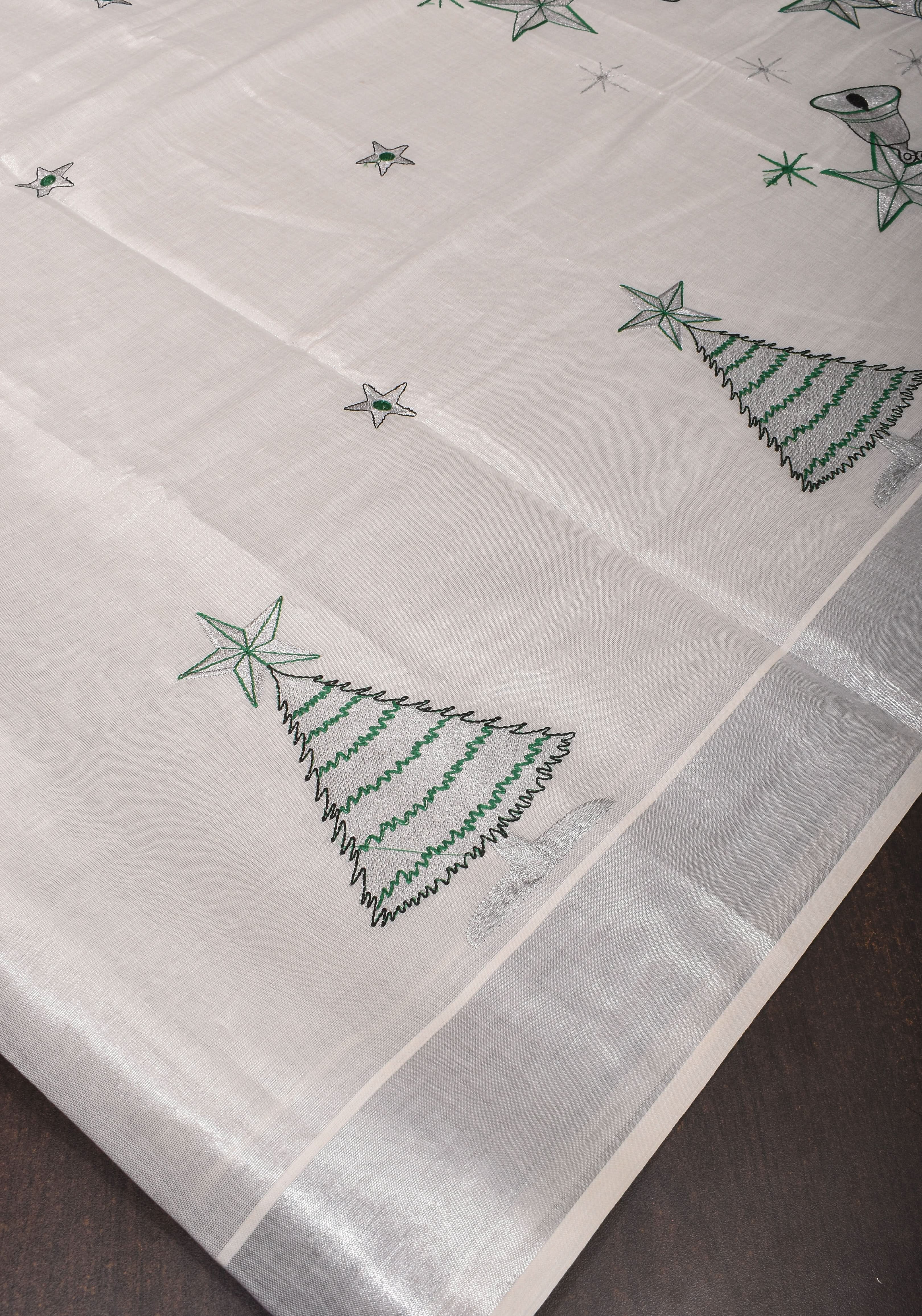 Kerala Tissue Cotton Saree with bells and stars motifs and Zari Border | Shobitam