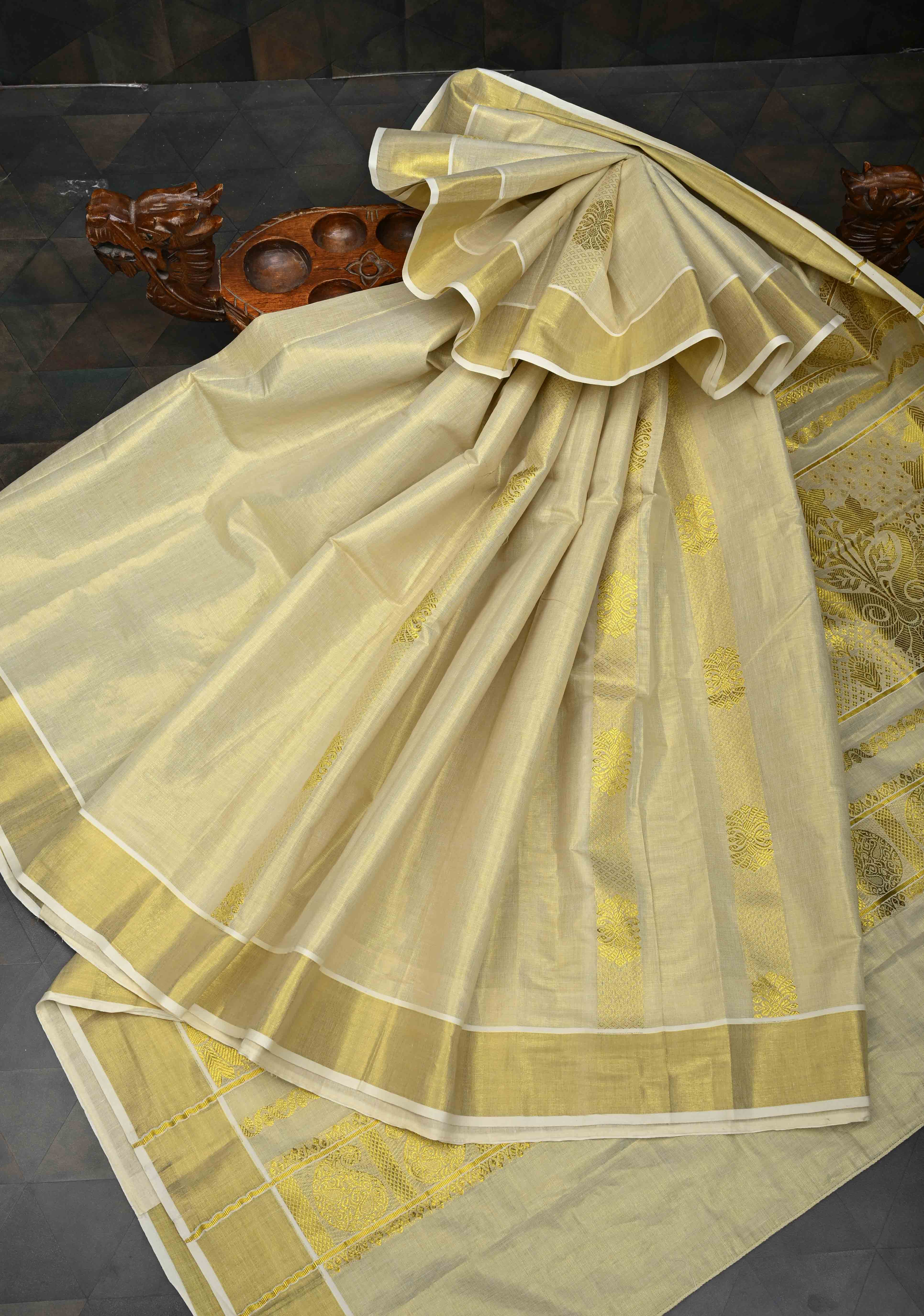 Beige Tissue Cotton Saree with Panel Zari Stripes | Shobitam