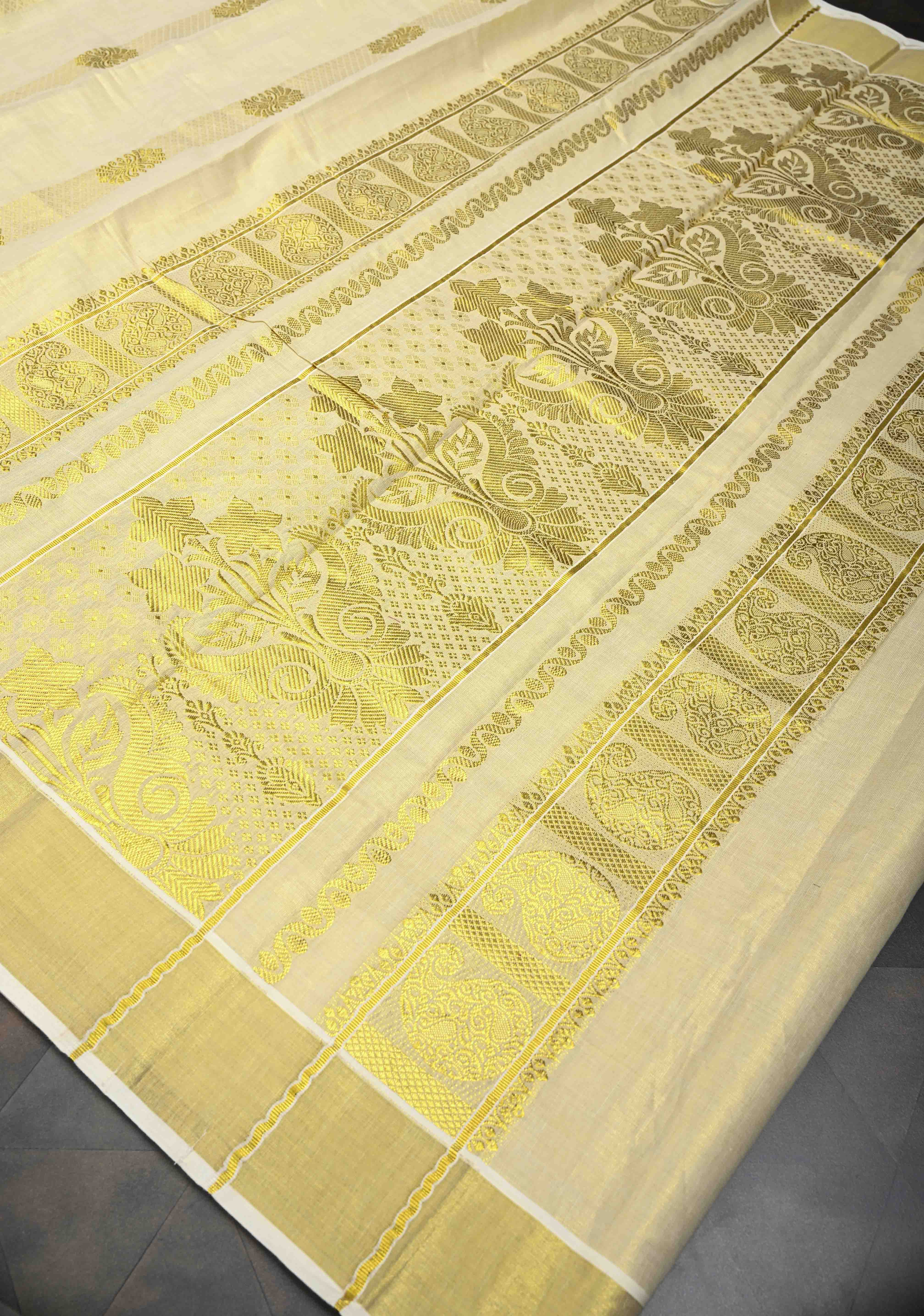 Beige Tissue Cotton Saree with Panel Zari Stripes | Shobitam