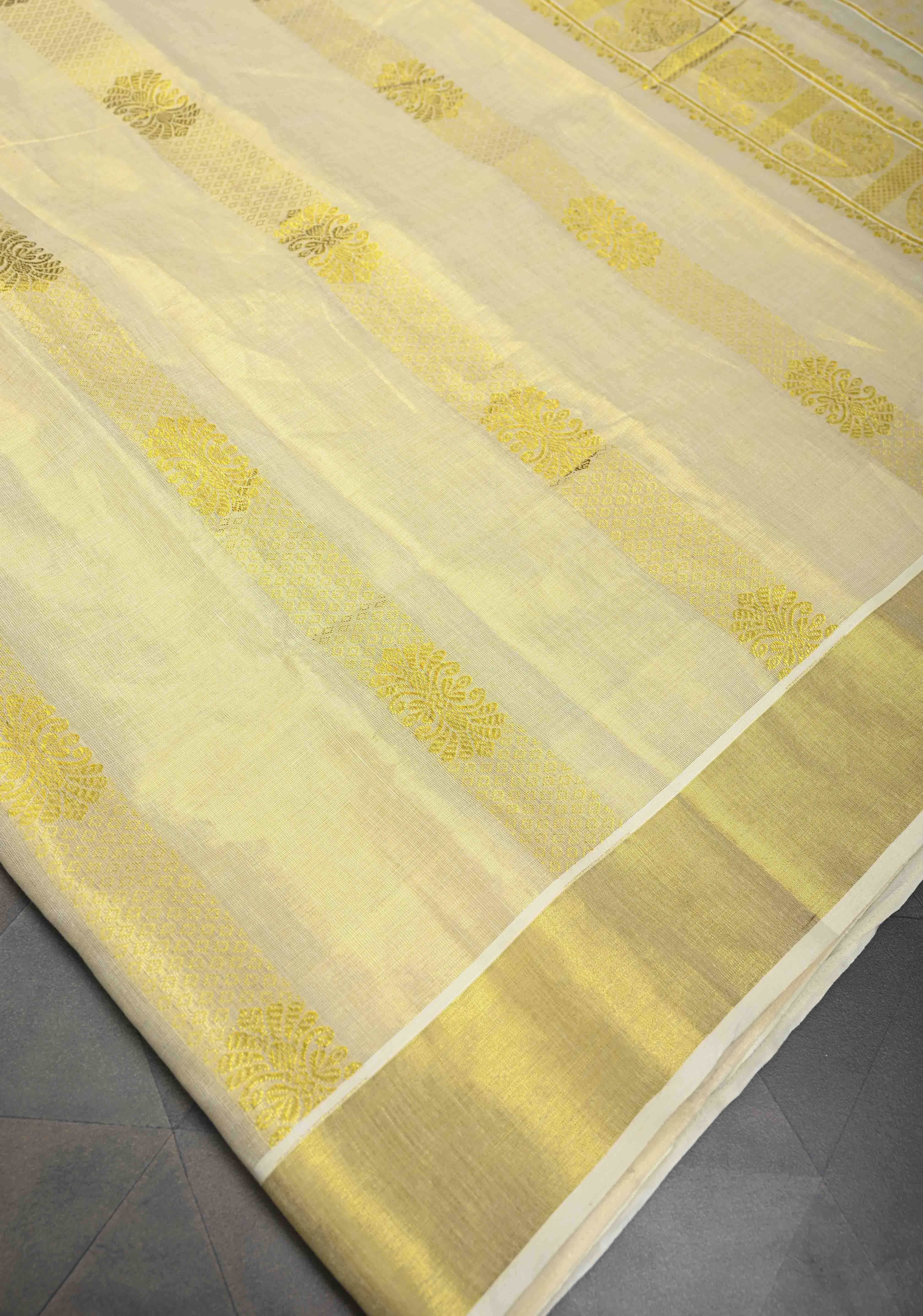 Beige Tissue Cotton Saree with Panel Zari Stripes | Shobitam