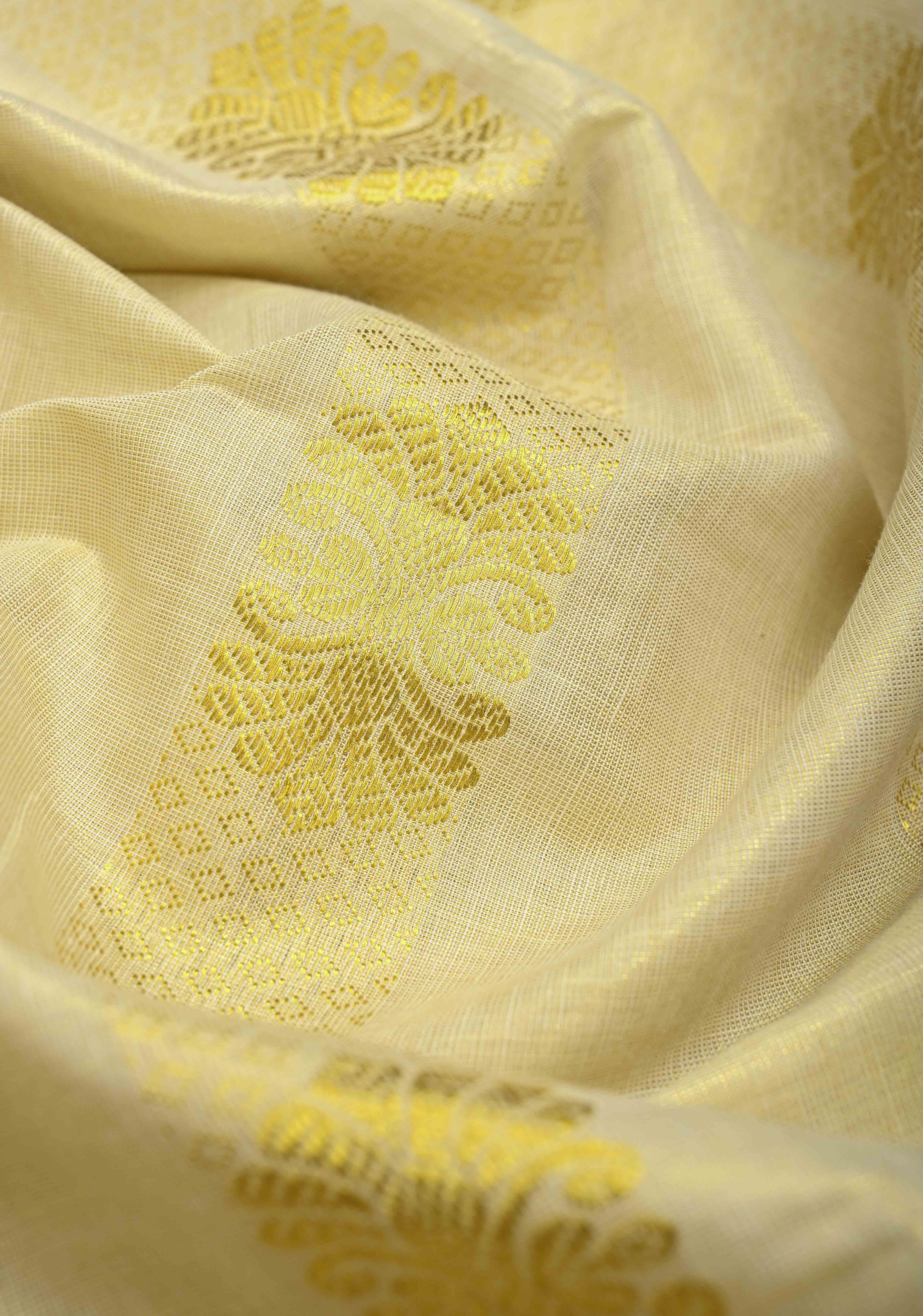 Beige Tissue Cotton Saree with Panel Zari Stripes | Shobitam