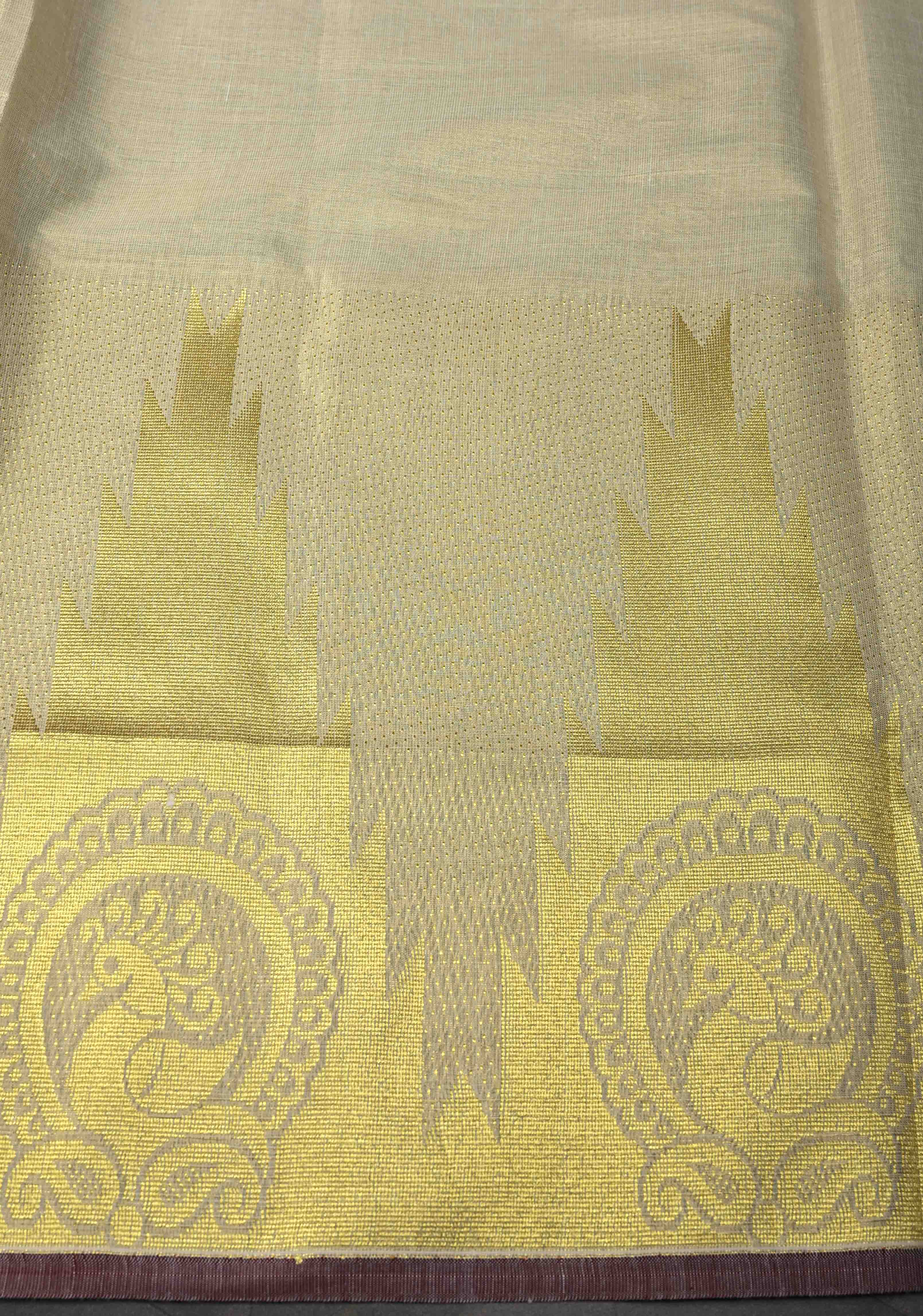 Beige Tissue Cotton Saree with Distinct Peacock On Temple Border | Shobitam