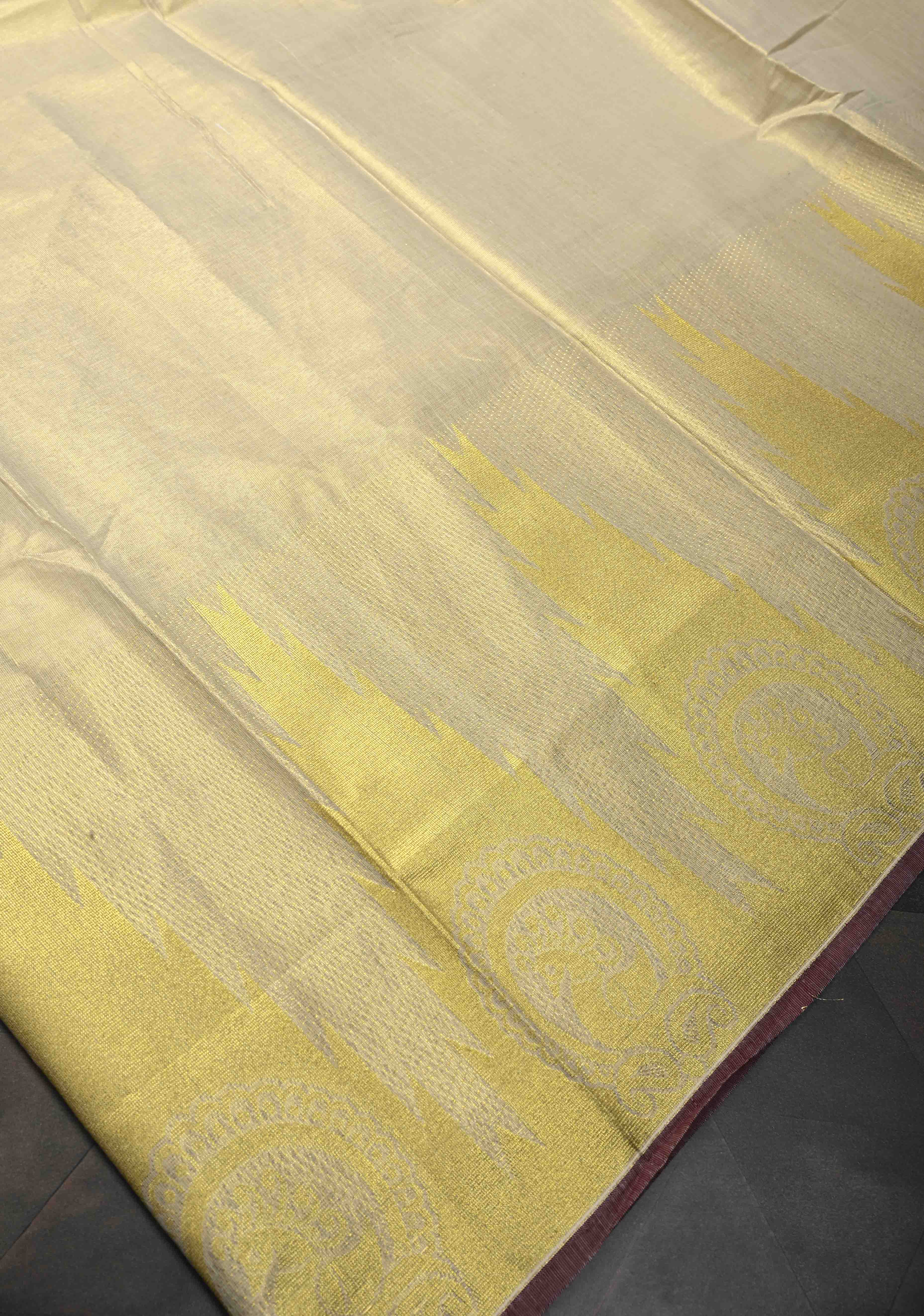 Beige Tissue Cotton Saree with Distinct Peacock On Temple Border | Shobitam