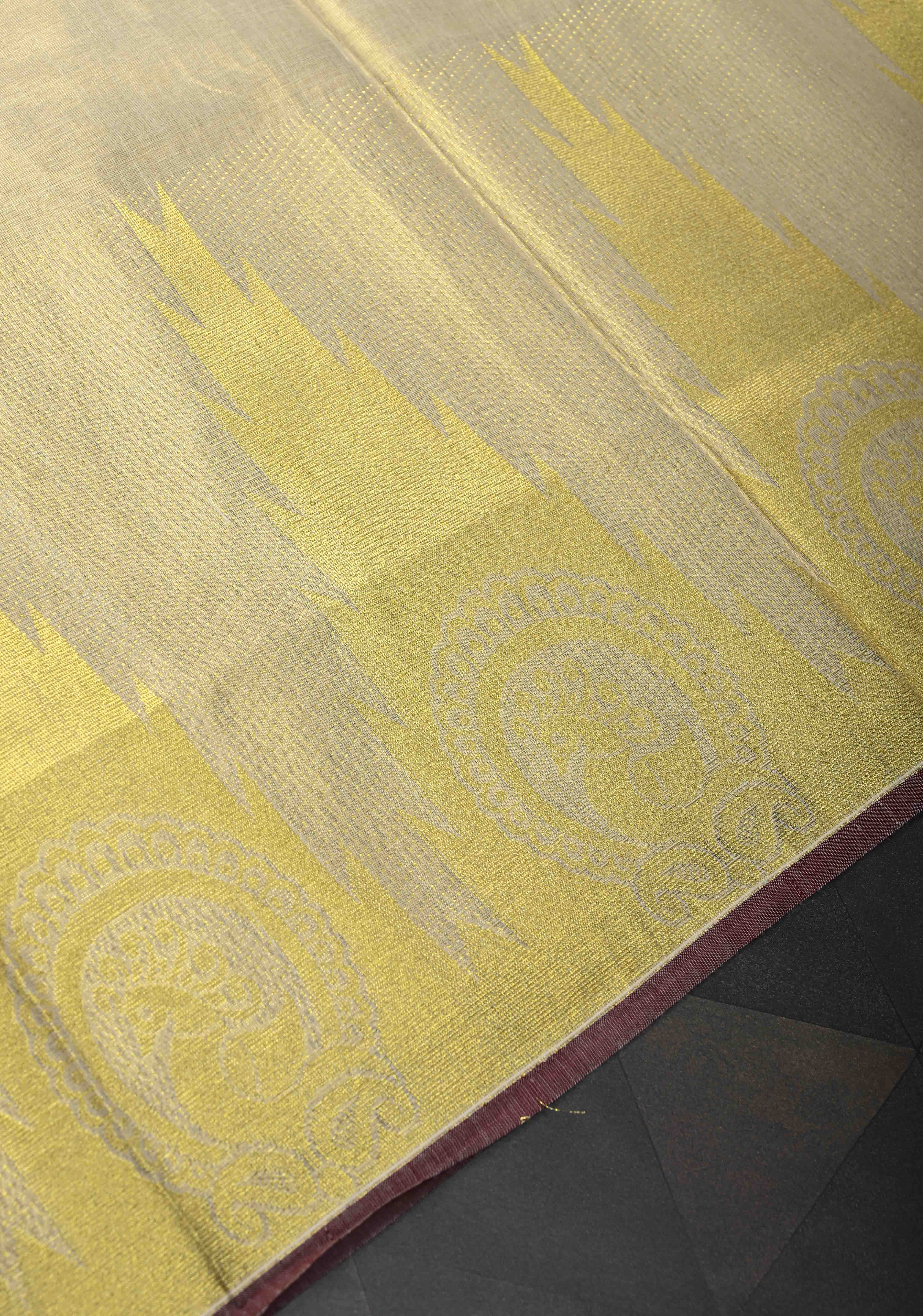Beige Tissue Cotton Saree with Distinct Peacock On Temple Border | Shobitam