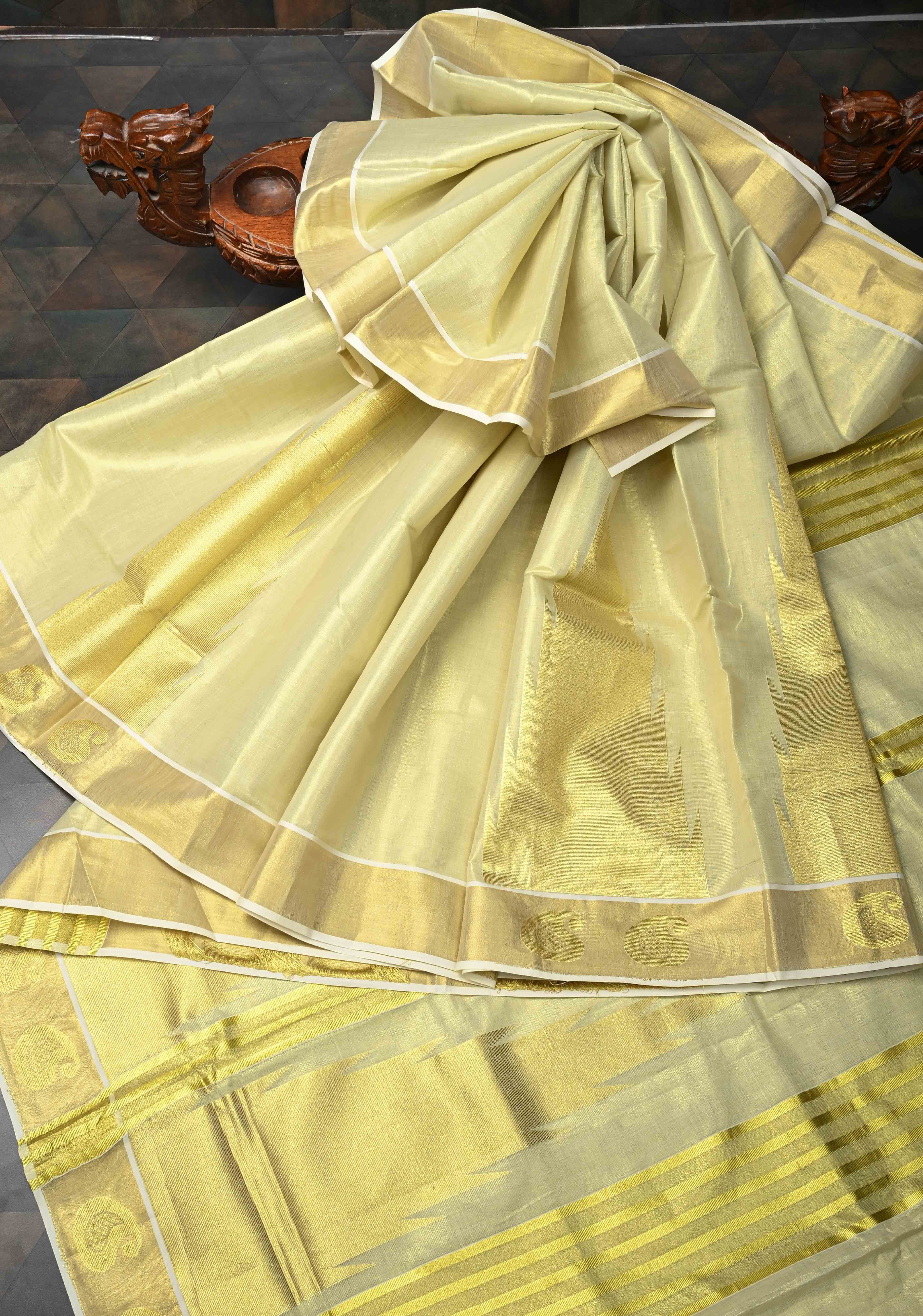 Tissue Cotton Saree with Elongated Temple Zari Motifs | Shobitam