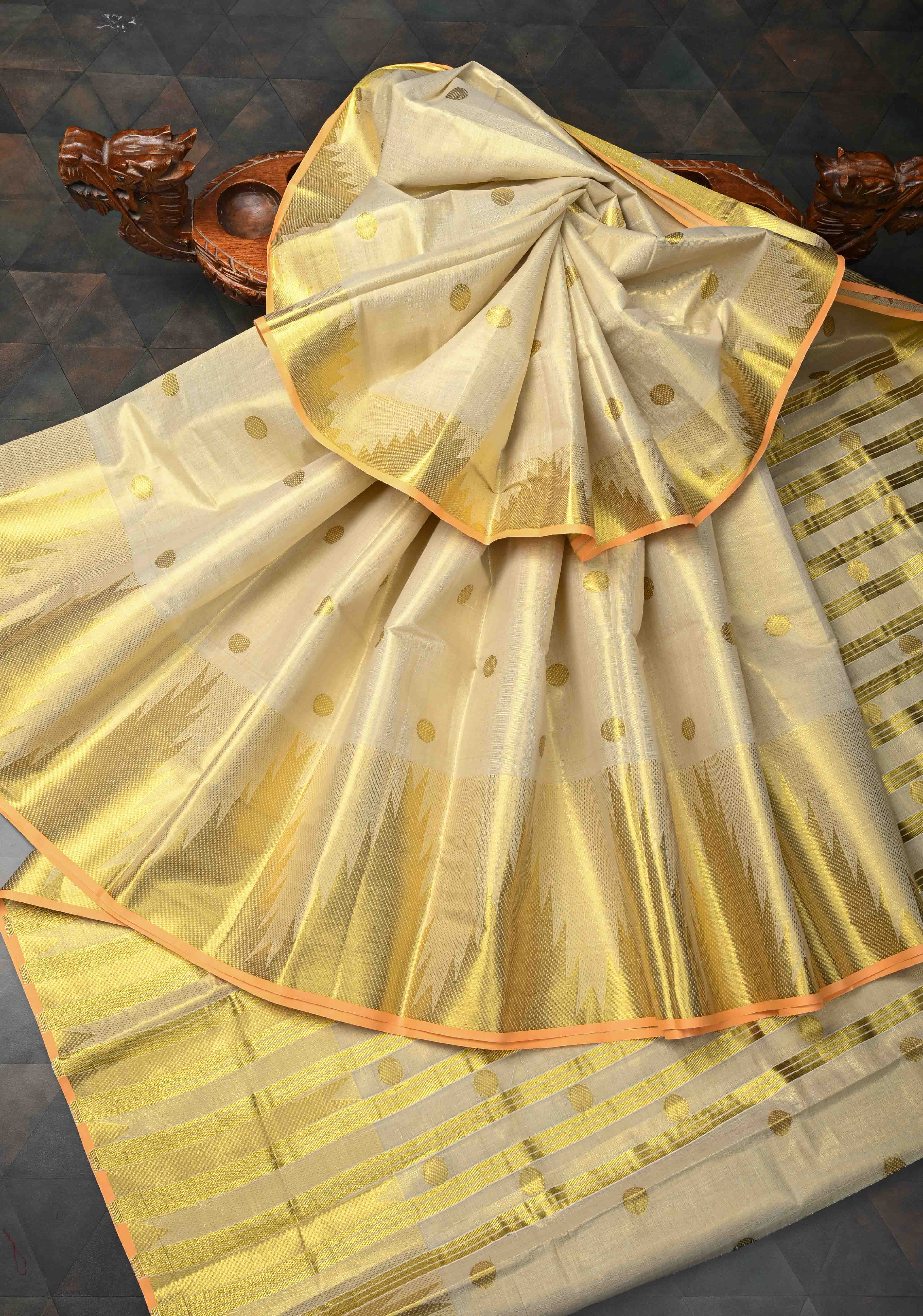 Beige Tissue Cotton Saree with Zari Coin Buttis And Temple Border | Shobitam
