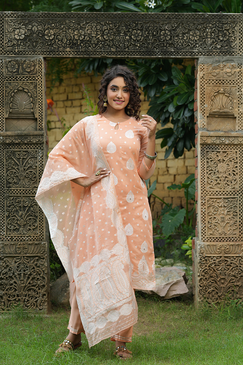 Peach Poly Chanderi Ethnic Motifs Straight Suit Set  | SHOBITAM