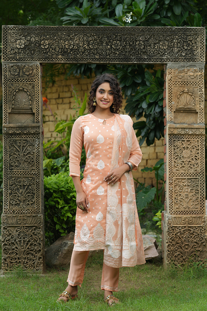 Peach Poly Chanderi Ethnic Motifs Straight Suit Set  | SHOBITAM
