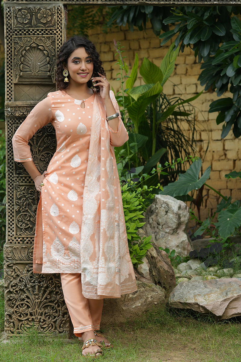 Peach Poly Chanderi Ethnic Motifs Straight Suit Set  | SHOBITAM