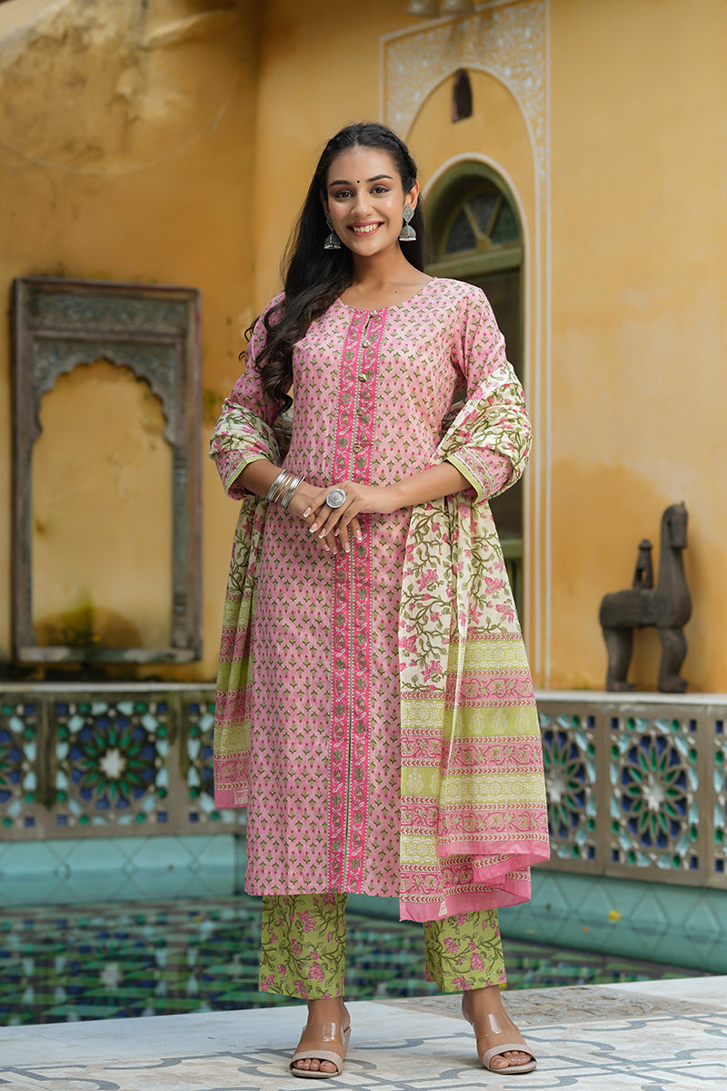 Pink Cotton Ethnic Motifs Printed Suit Set | SHOBITAM