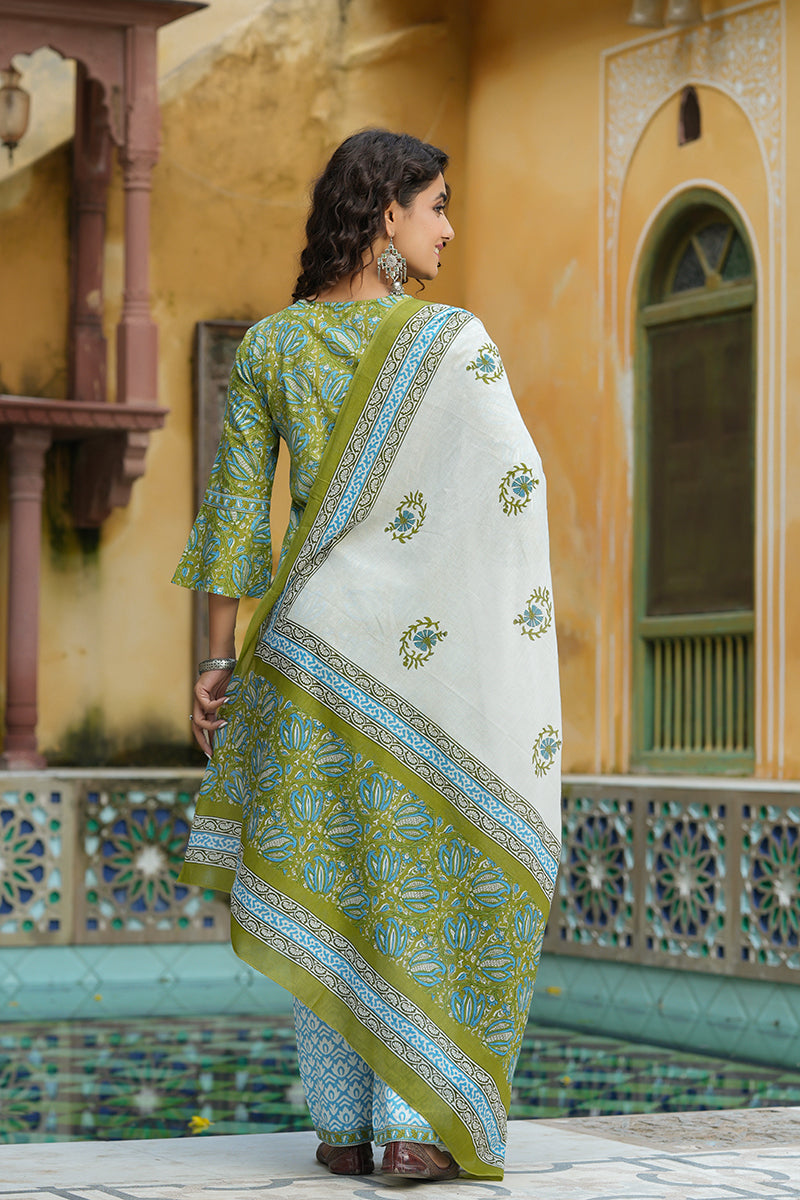 Green Pure Cotton Straight Suit Set   | SHOBITAM