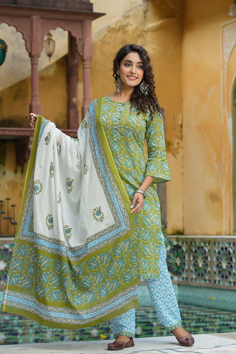 Green Pure Cotton Straight Suit Set   | SHOBITAM