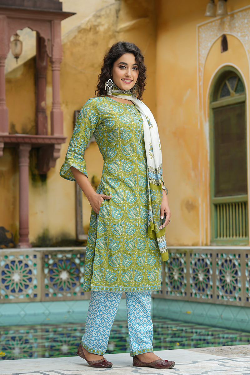Green Pure Cotton Straight Suit Set   | SHOBITAM