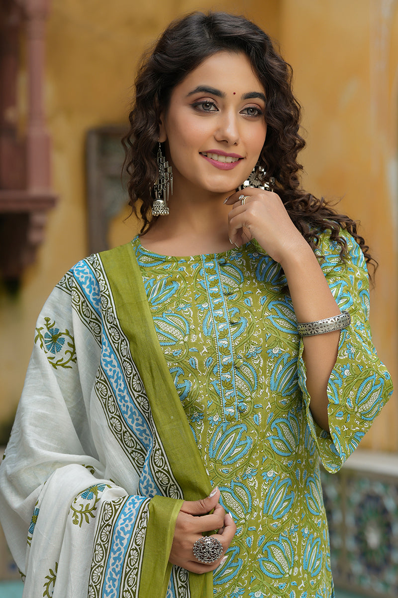 Green Pure Cotton Straight Suit Set   | SHOBITAM