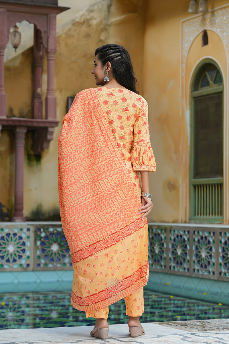 Orange Pure Cotton Straight Kurta Pant With Dupatta   | SHOBITAM