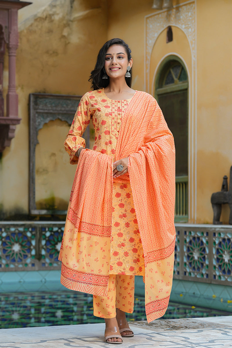 Orange Pure Cotton Straight Kurta Pant With Dupatta   | SHOBITAM