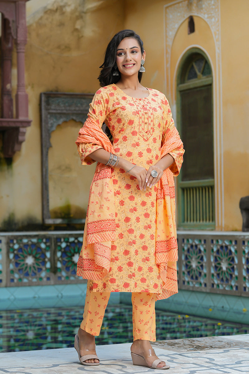 Orange Pure Cotton Straight Kurta Pant With Dupatta   | SHOBITAM