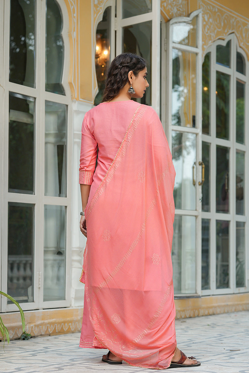 Peach Cotton Yoke Design Suit Set | SHOBITAM