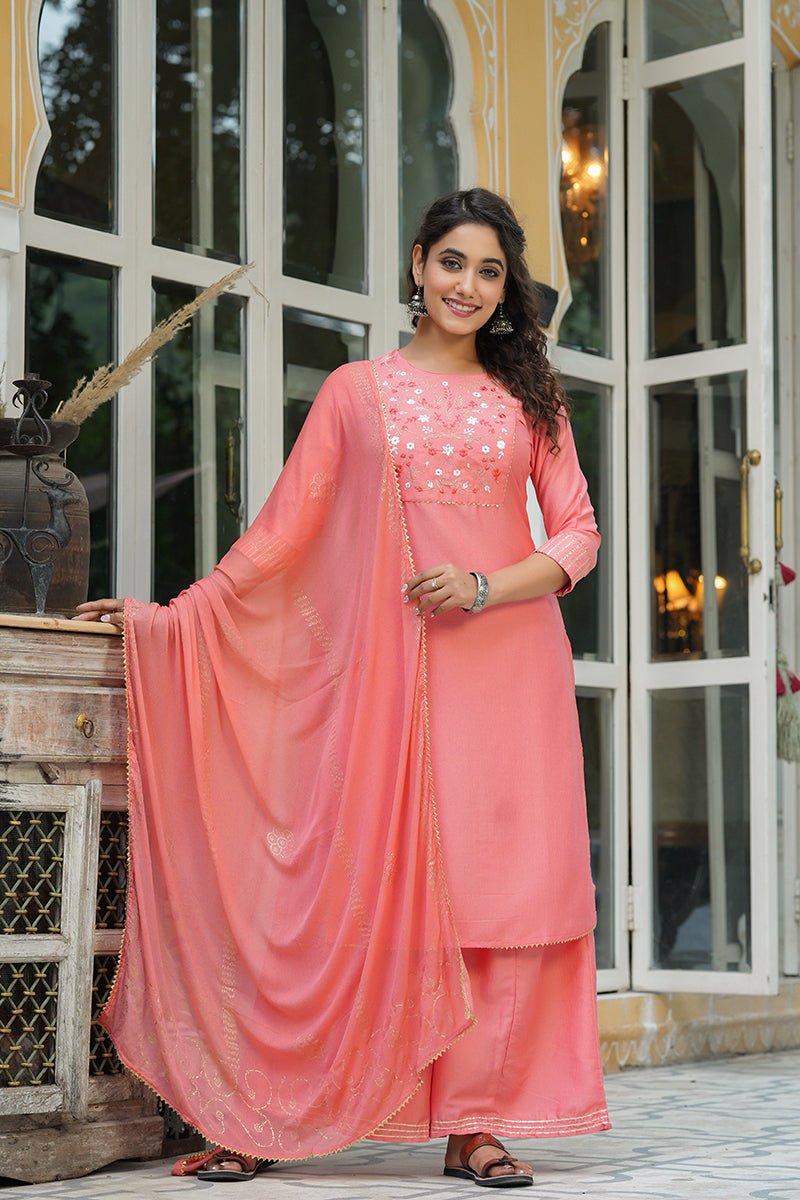 Peach Cotton Yoke Design Suit Set | SHOBITAM