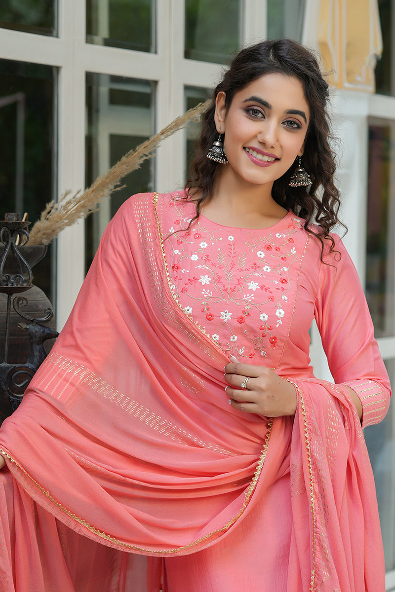 Peach Cotton Yoke Design Suit Set | SHOBITAM