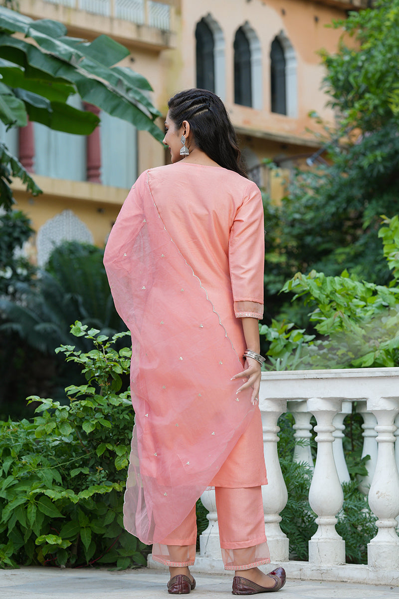 Peach Poly Silk Solid Sequin Straight Suit Set | SHOBITAM
