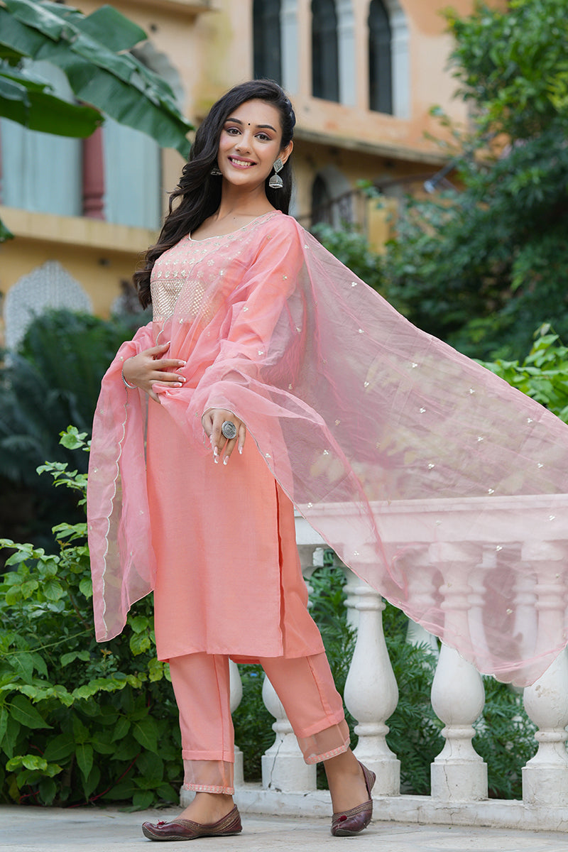 Peach Poly Silk Solid Sequin Straight Suit Set | SHOBITAM