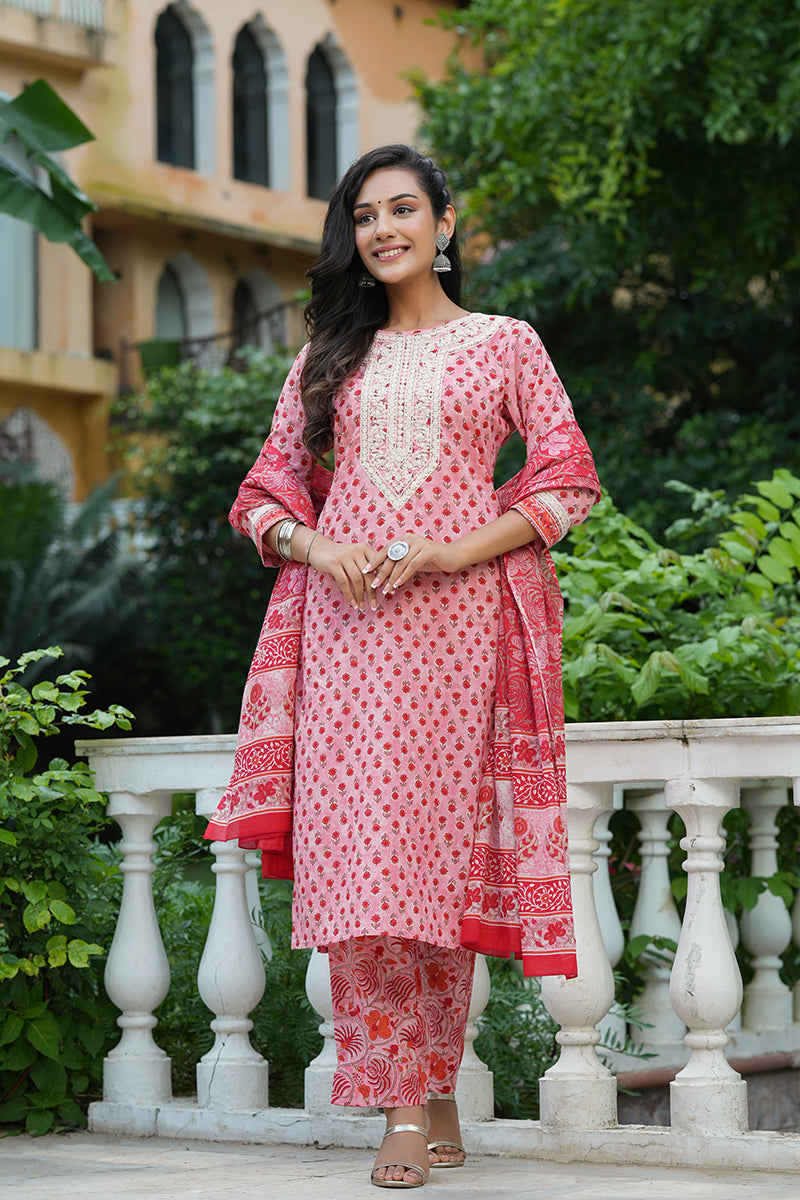 Pink Cotton Straight Suit Set | SHOBITAM