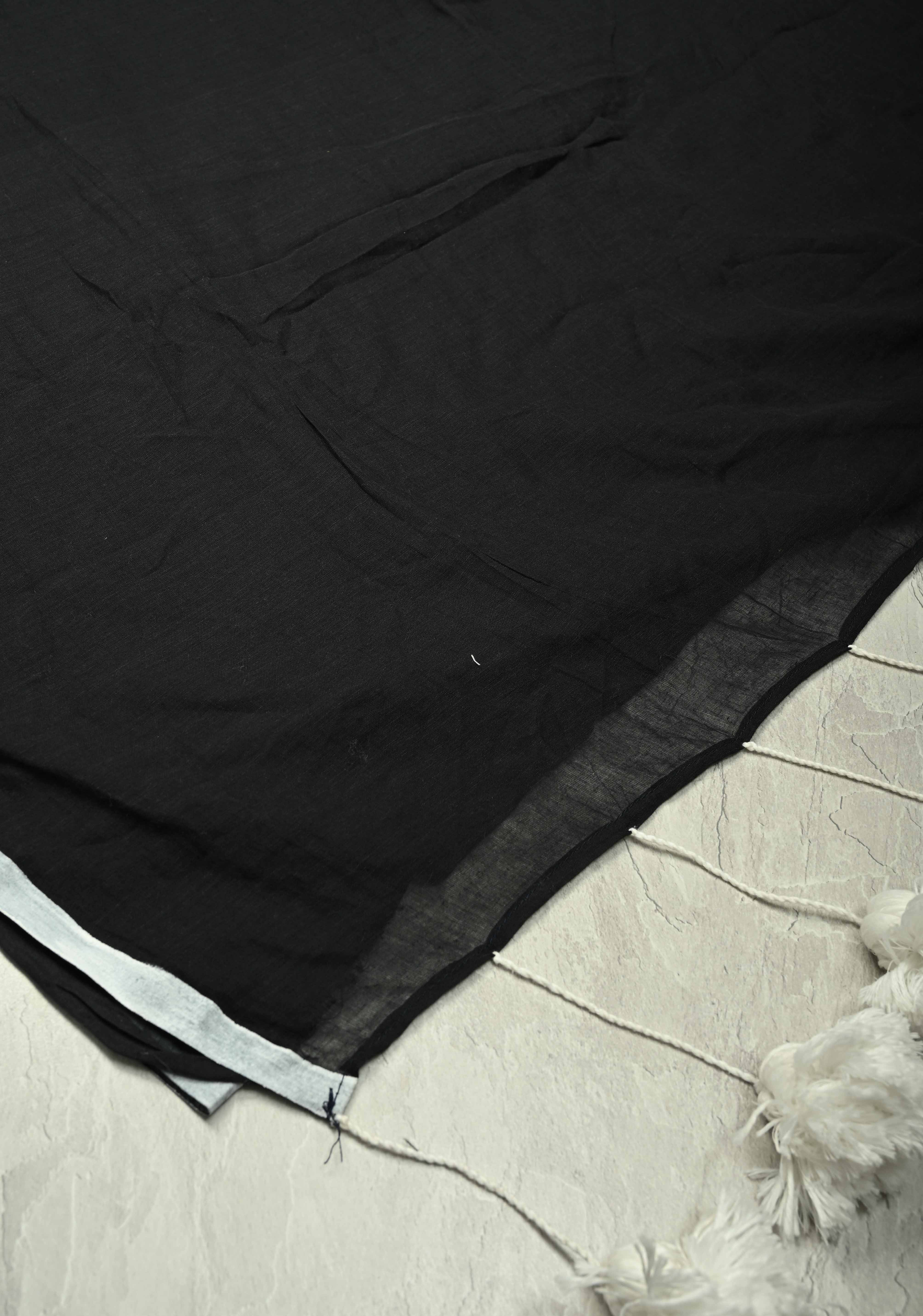 Black Mulmul Cotton Saree with White Long tassels,No Blouse Piece | Shobitam