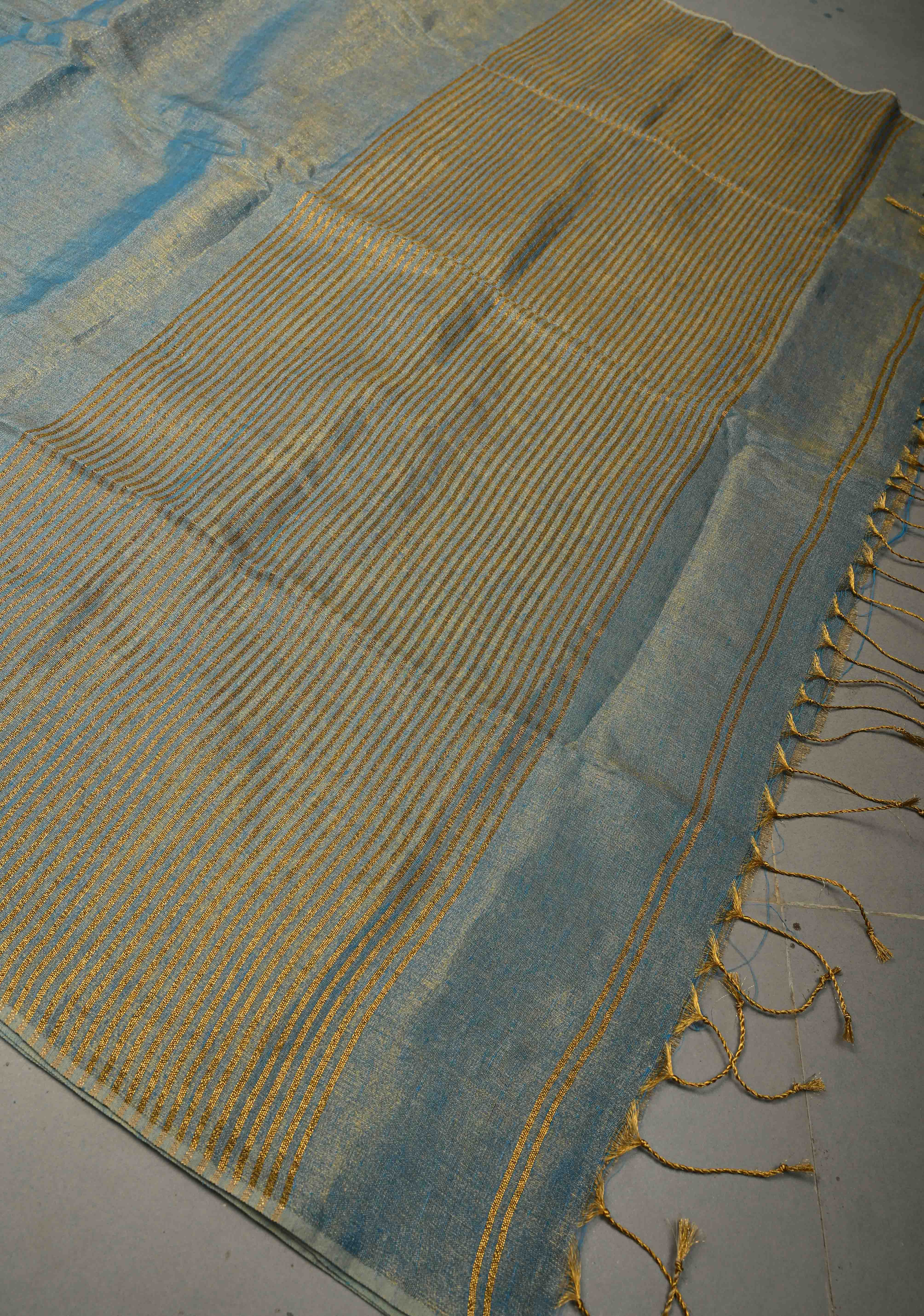 Azure Blue Borderless Linen by Tissue Saree | Shobitam