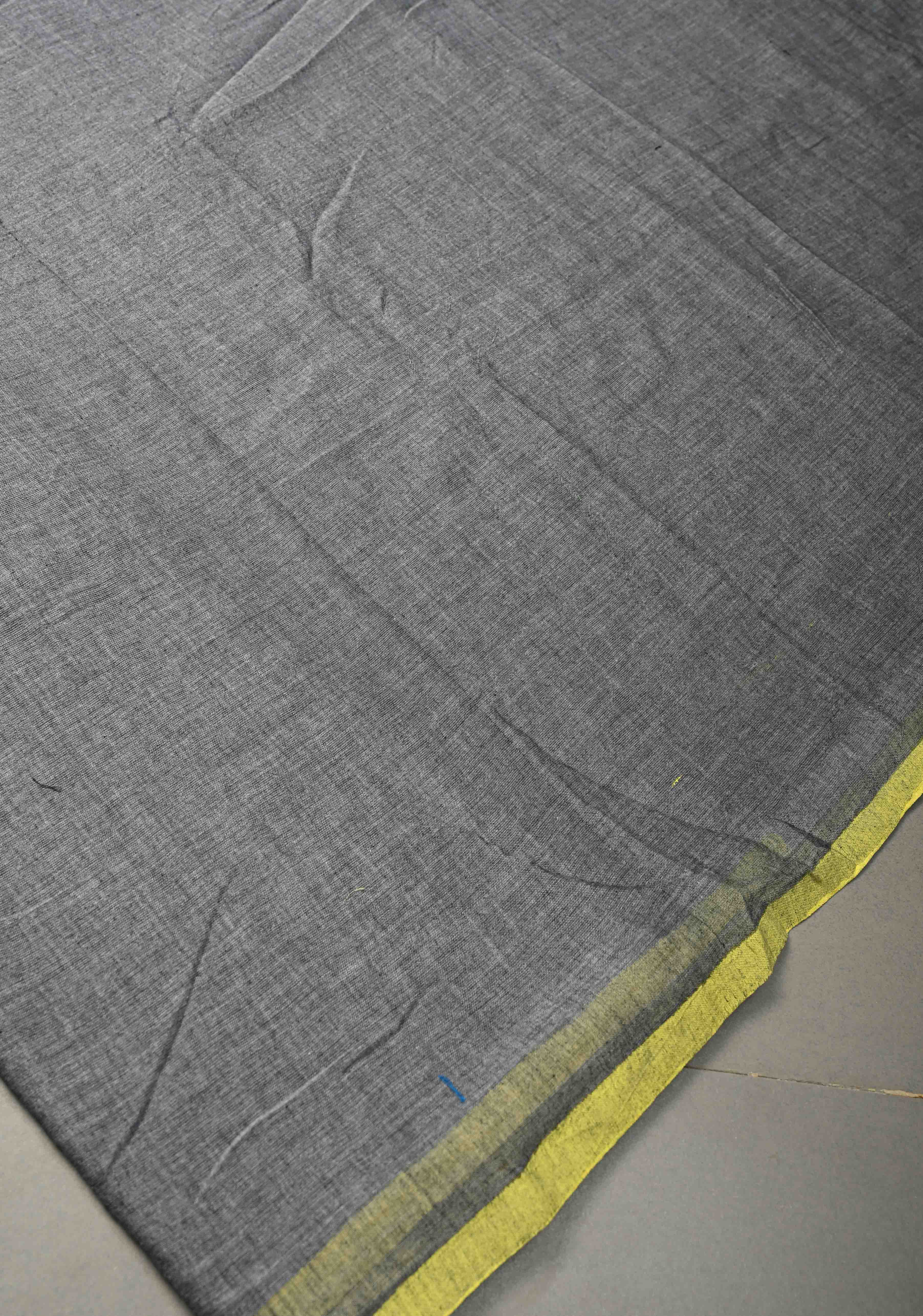 Gray Mulmul Cotton Saree with Yellow Long Tassels, No Blouse Piece | Shobitam