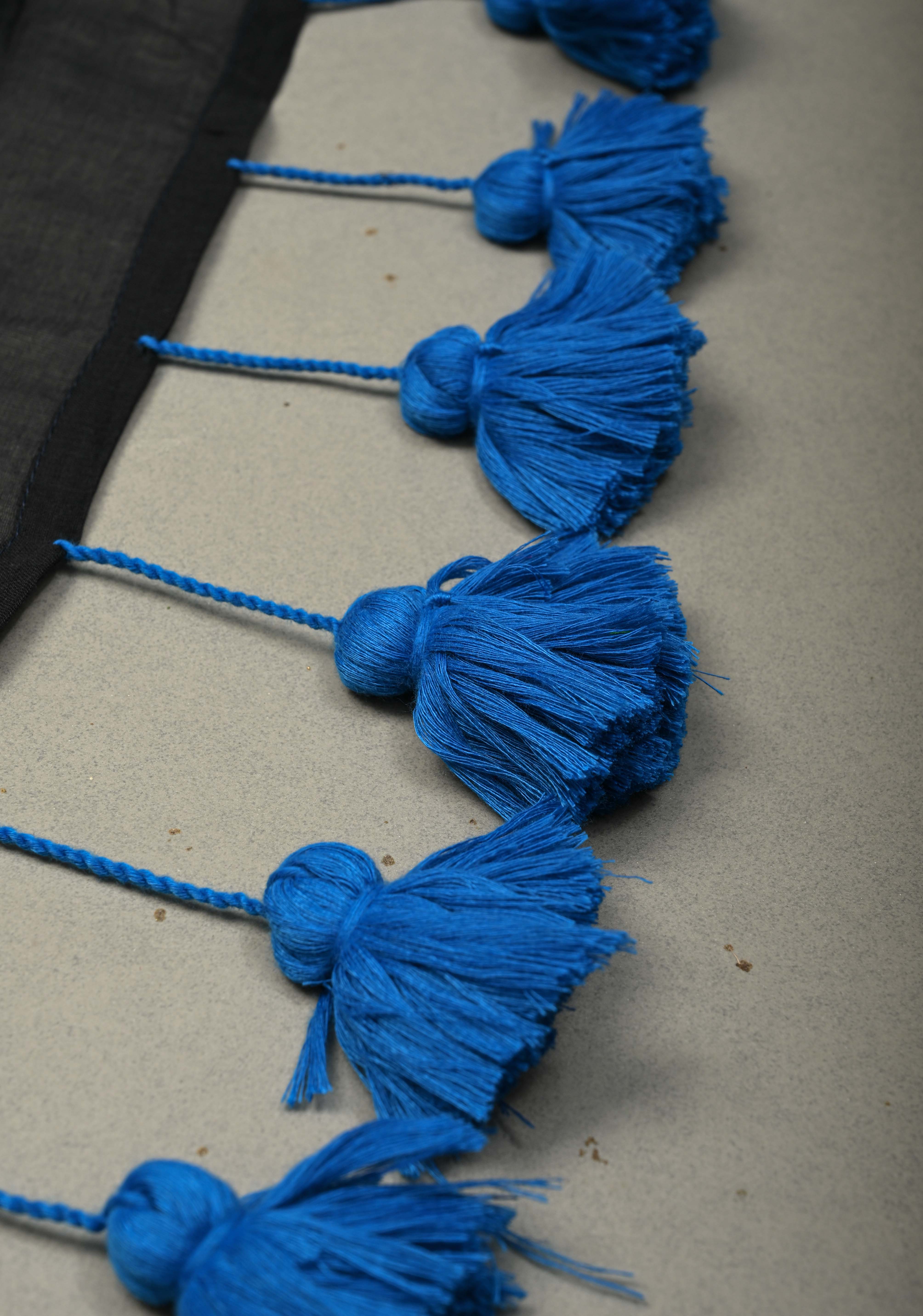 Black Mulmul Cotton Saree with Blue Long Tassels, No Blouse Piece | Shobitam