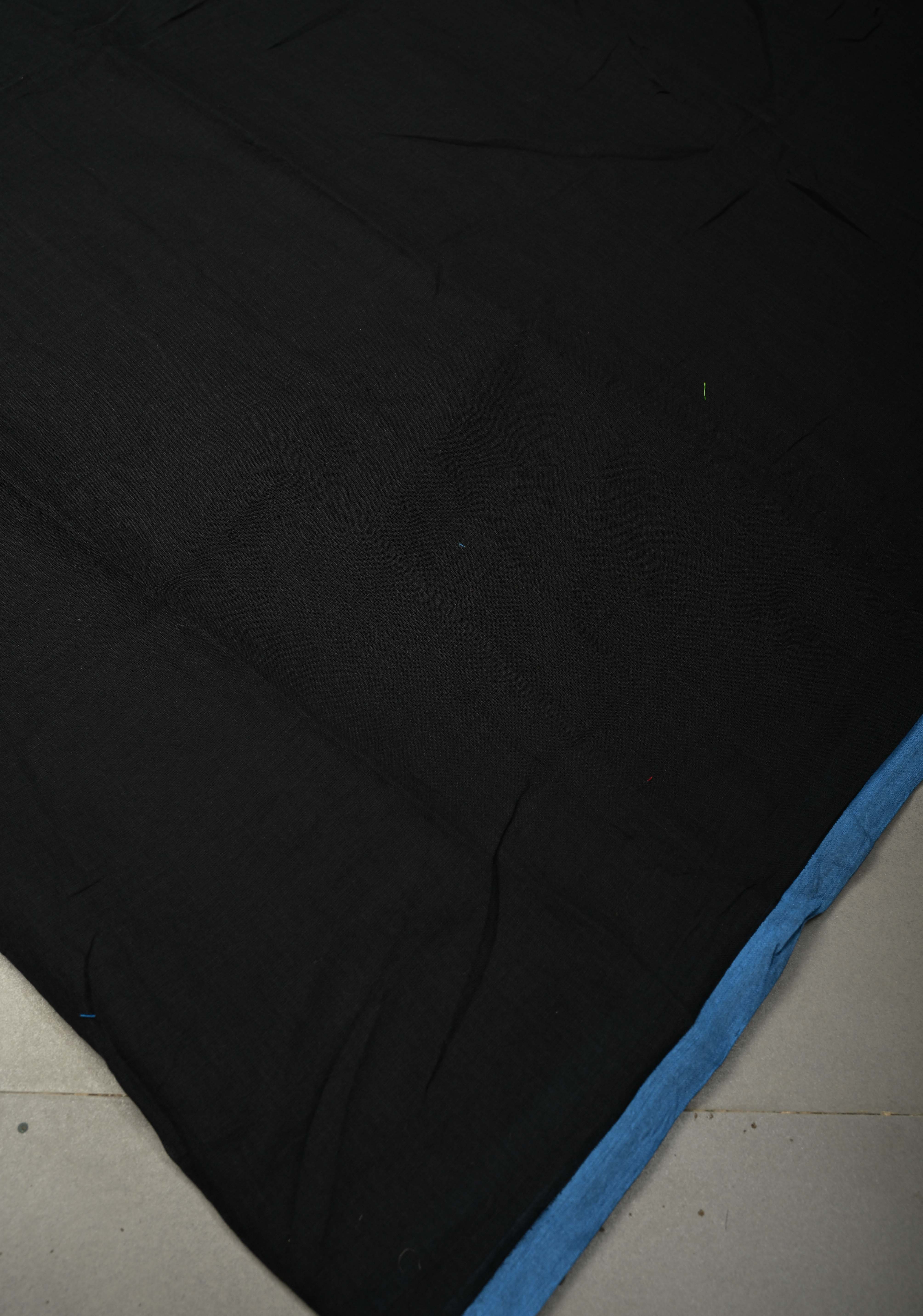Black Mulmul Cotton Saree with Blue Long Tassels, No Blouse Piece | Shobitam